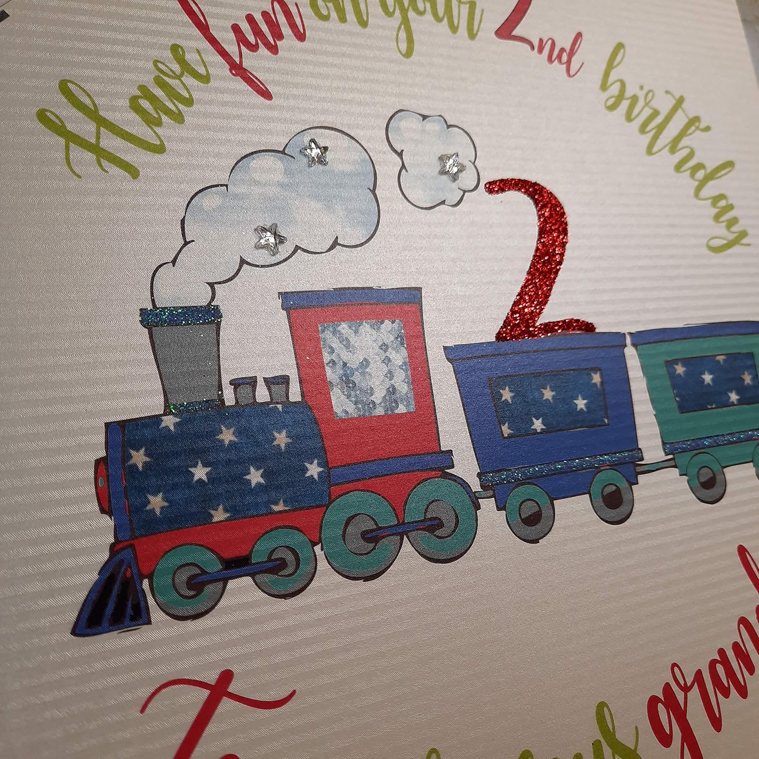 white cotton cards XR41-2gs Large"Have Fun on Your 2nd Birthday to a Gorgeous Grandson" Handmade Card,22cm x 22cm - Image 4