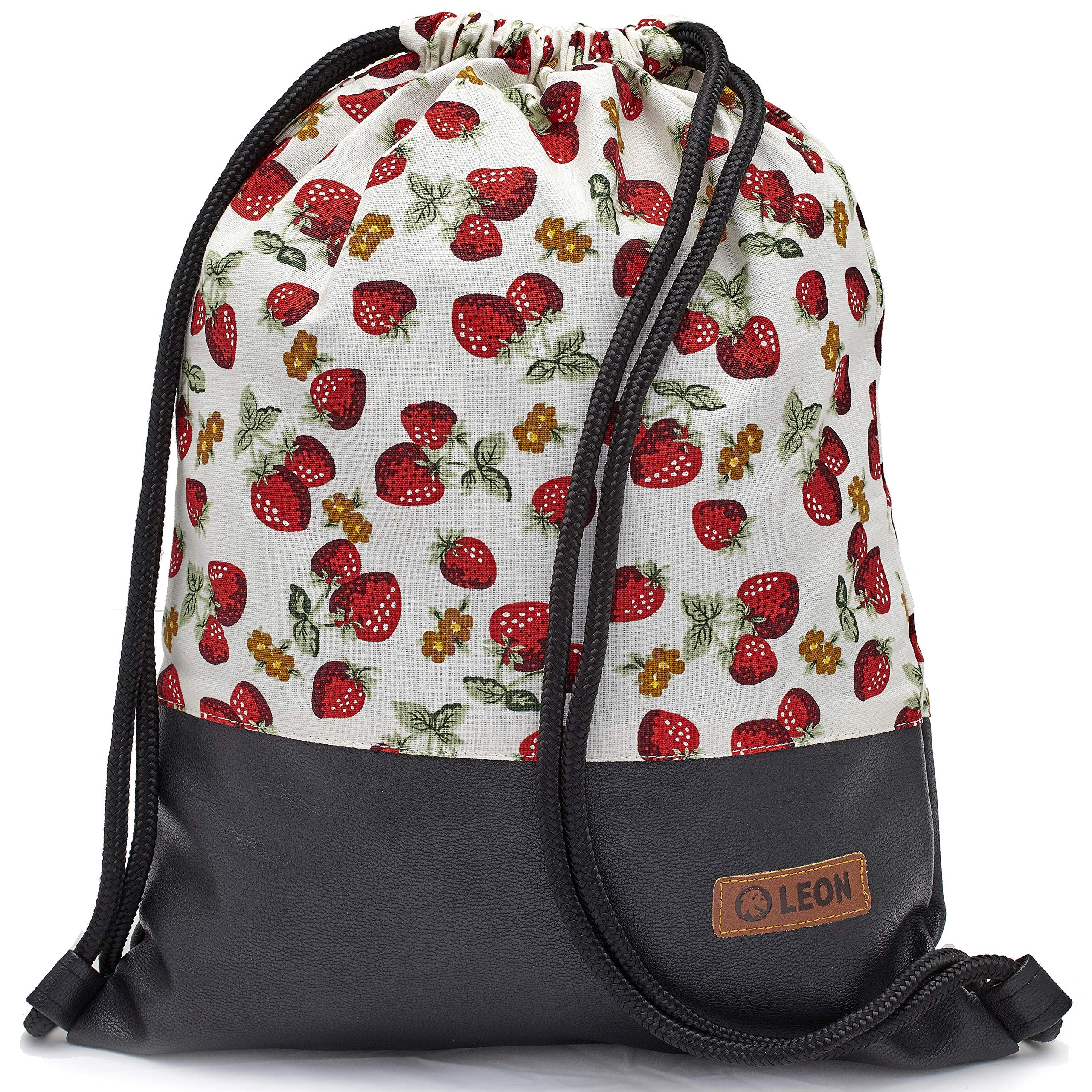 By Bers LEON Gym Bag with Inner Pockets Zip Backpack Pouch Bag Women Men & Teenagers Gym Bag Draw String, Strawberry White_swpu, Gym bag, backpack, gym bag, bag