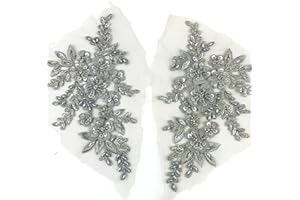 Heyiwell 1 Pair 3D Sequin Beads Flower Embroidery Patches Applique Lace Floral Motif for Wedding Dress Sewing Lace Decor 21x12cm(Grey)