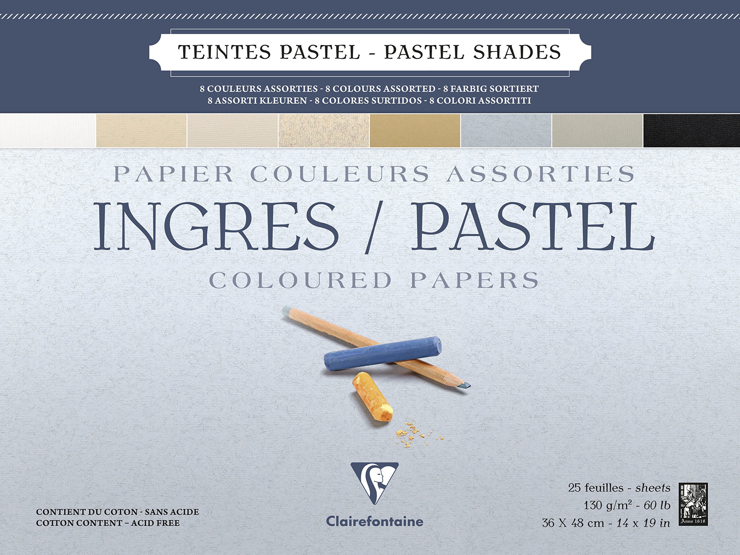 Clairefontaine - Ref 96489C - Ingres Pastel Colour Glued Pad (25 Sheets) - 36 x 48cm Size, Cotton Content, Acid Free, 130gsm Paper - Assorted Pastel Colours