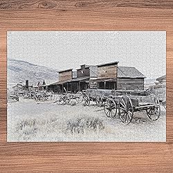 Ambesonne Western Jigsaw Puzzle, Old Wooden Wagons