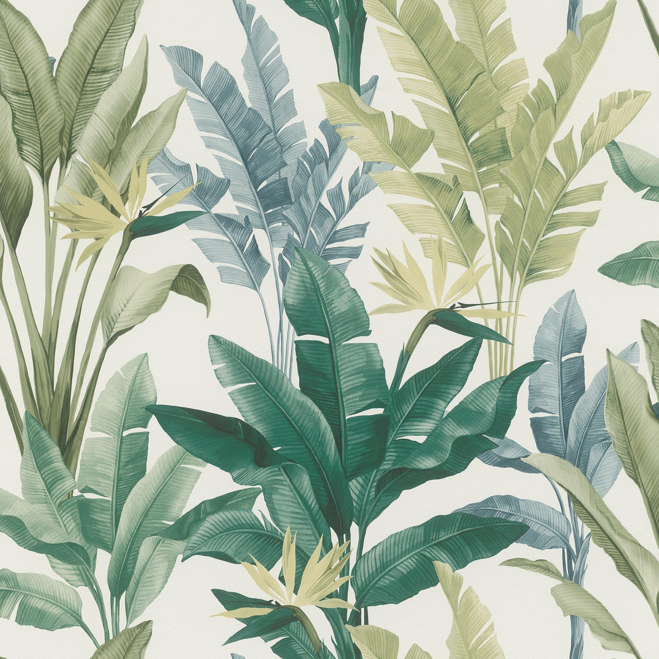 Rasch Wallpaper 201062 - Light Paper Wallpaper with Leaves and Palm Leaves in Green and Blue - 10.05 m x 0.53 m (L x W)