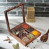 Ajuny Wooden Spice Box 8x8 Inch - Decorative Masala Dabba Organizer with Glass Lid, 9 Fixed Compartments & Spoon, Spice Storage Container, Ideal for Seasonings & Herbs, Perfect for Gift