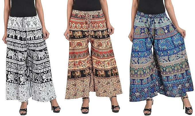 Women's Cotton Printed Palazzo Combo (White, Peach and Blue, Free Size) - Pack of 3