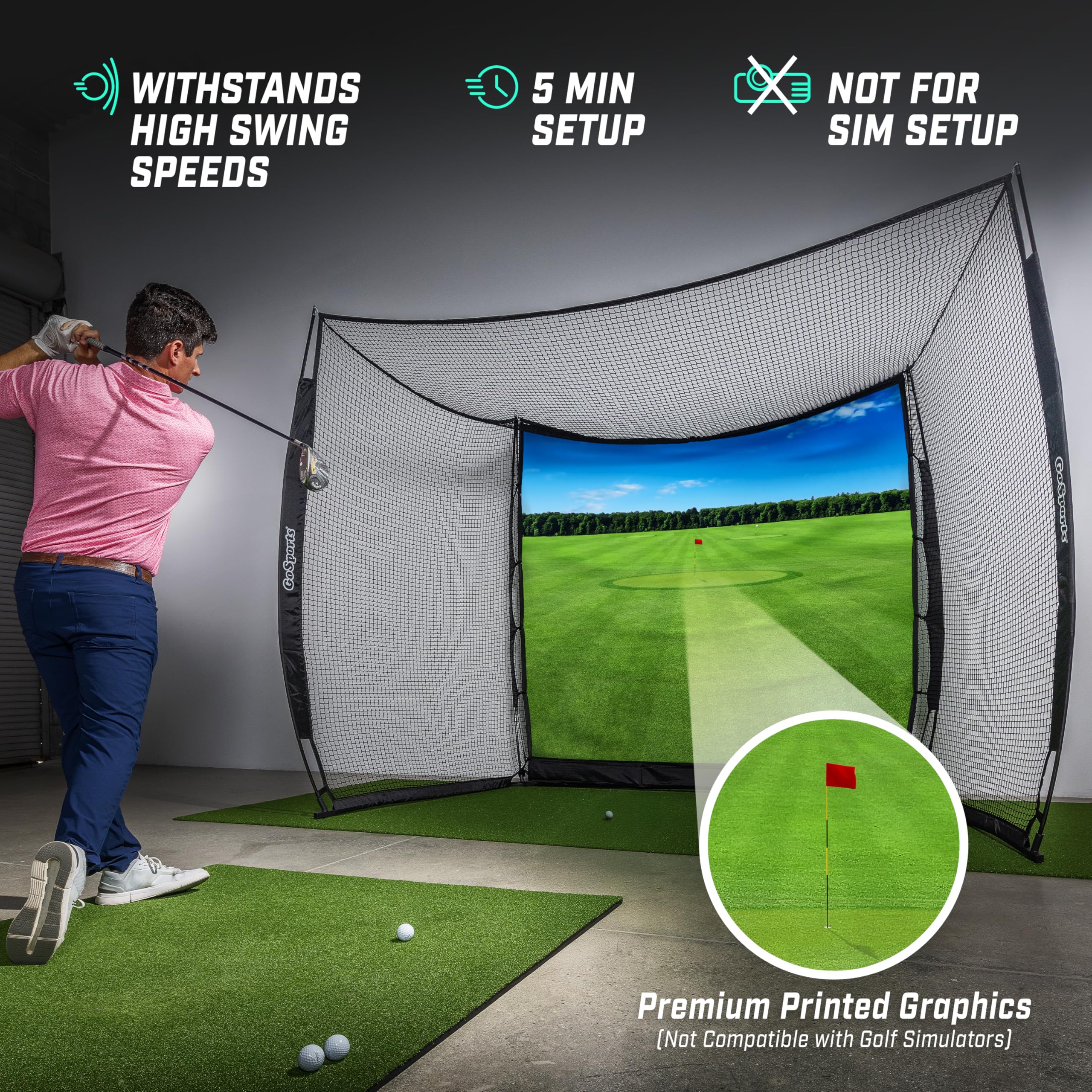 GoSports Range Cage 10 x 8 ft Golf Practice Hitting Net - Choose Between Printed Graphics Impact Screen, Blank Simulator Screen, or Classic Net