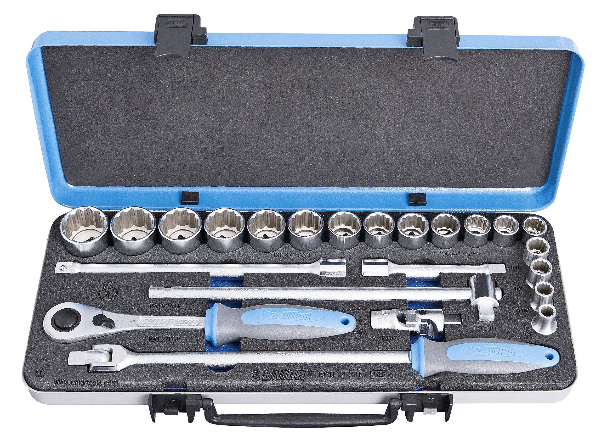 Unior 190BI12P23IN 611943 Socket Spanner Assortment 1/2 Metal Cassette, 3/8-1 1/4 Inch, Black