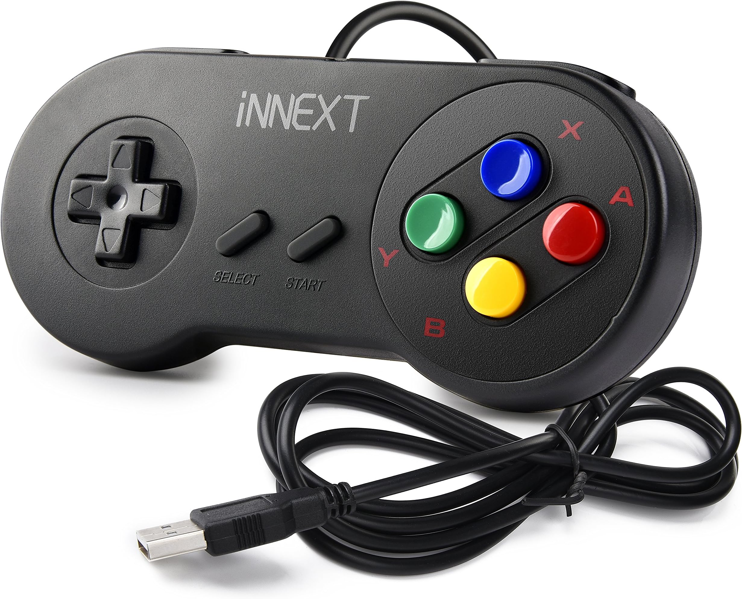 iNNEXT SNES Retro USB Controller Gamepad Joystick, USB PC Super Classic Controller Joypad Gamestick for Windows PC MAC Linux Raspberry Pi 3 Sega Genesis Higan Emulator (Black)