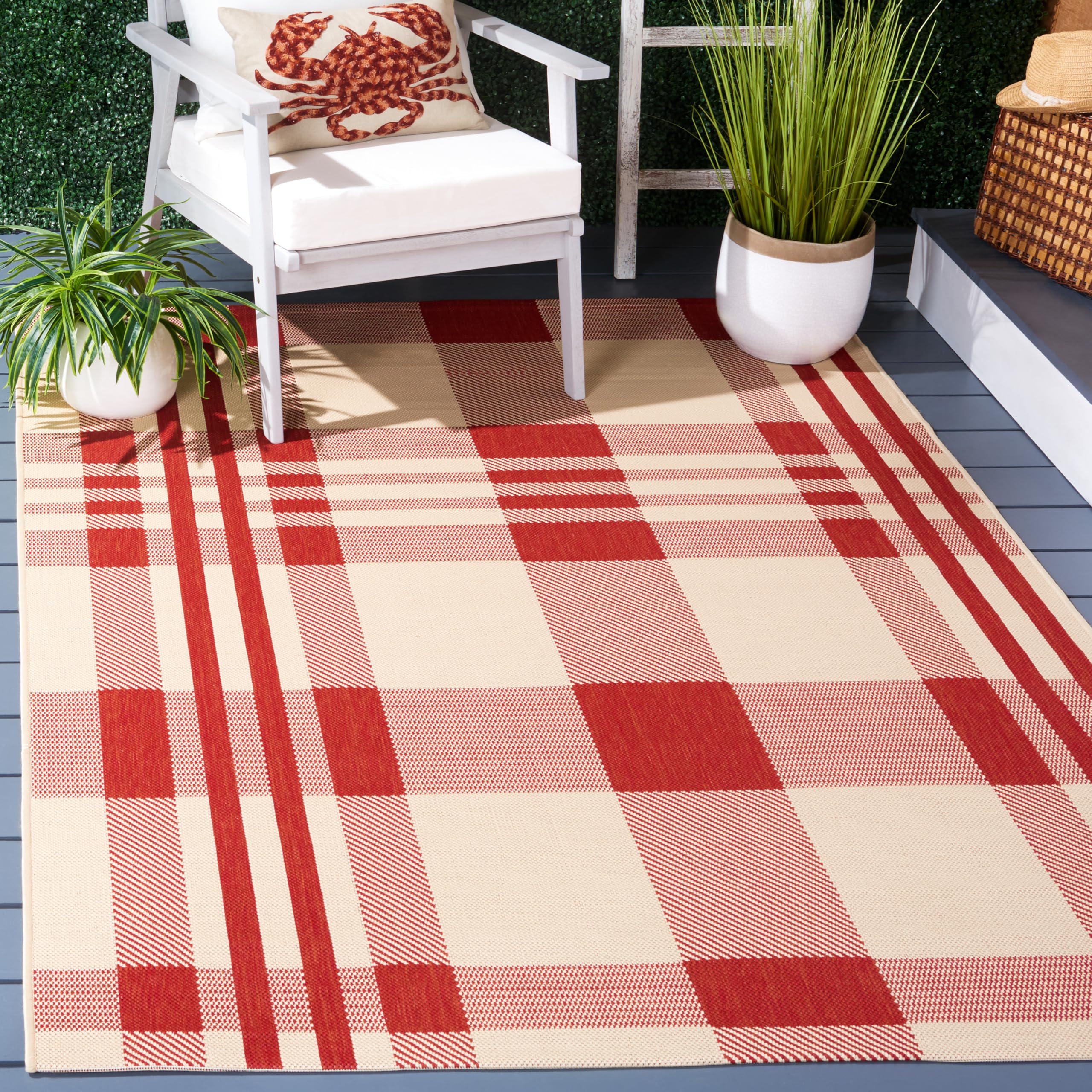 SAFAVIEH Washable Rug Outdoor Courtyard Collection - 6' x 8', Red & Bone, Plaid Pattern, Non-Shedding & Easy Cleaning, Ideal for Patio, Entryway, Mudroom, Hallway, Kitchen (CY6201-238) Image