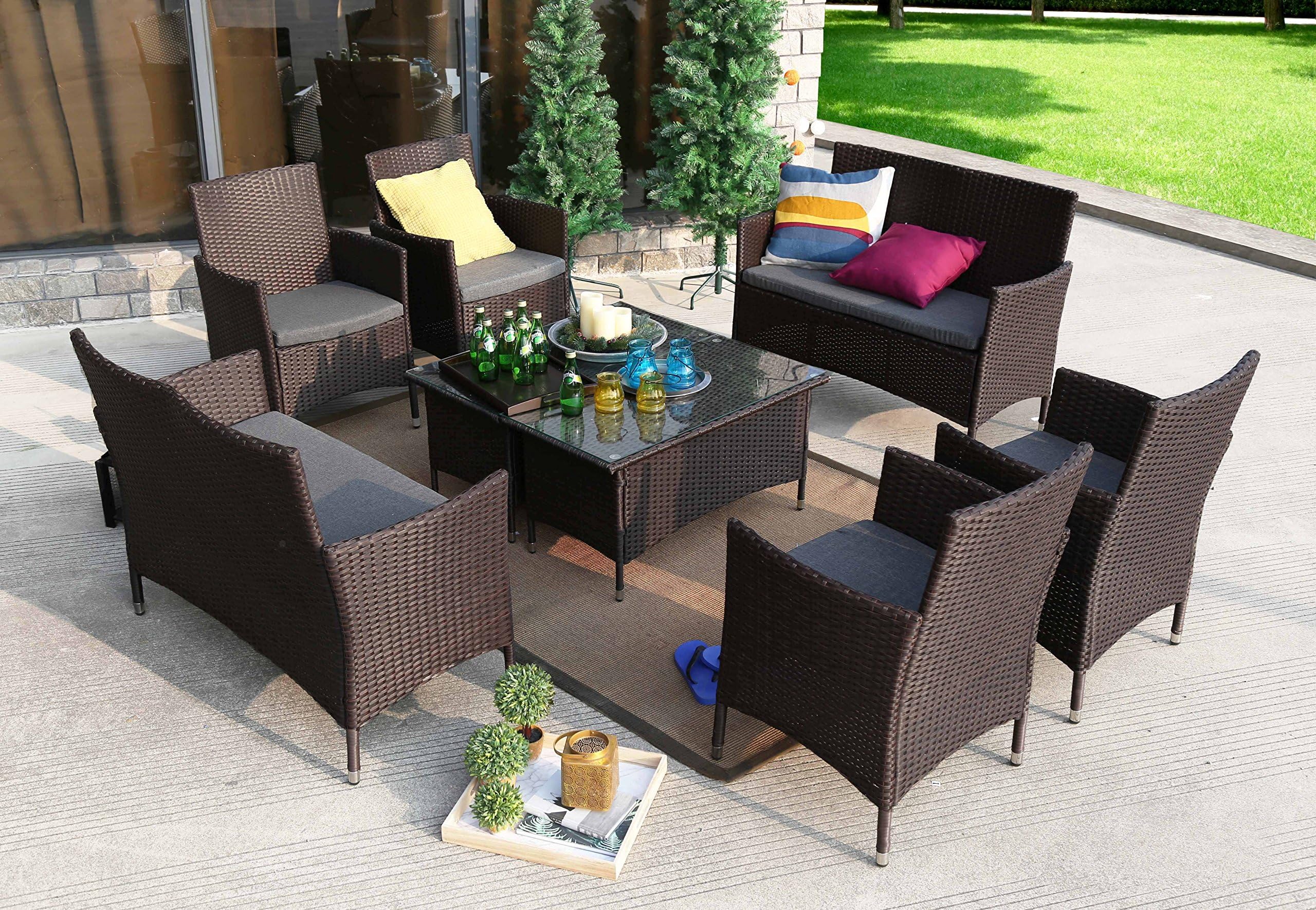 Baner Garden 8 Pieces Outdoor Furniture Complete Patio Wicker Rattan Garden Set, Chocolate (N68-CH-2)