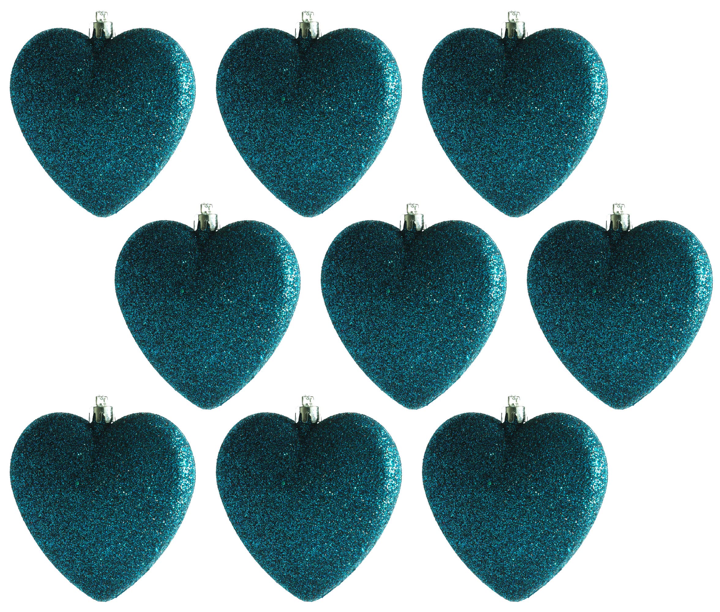 Large Kingfisher Blue Glitter Heart Christmas Tree Baubles/Decorations (Set of 9)