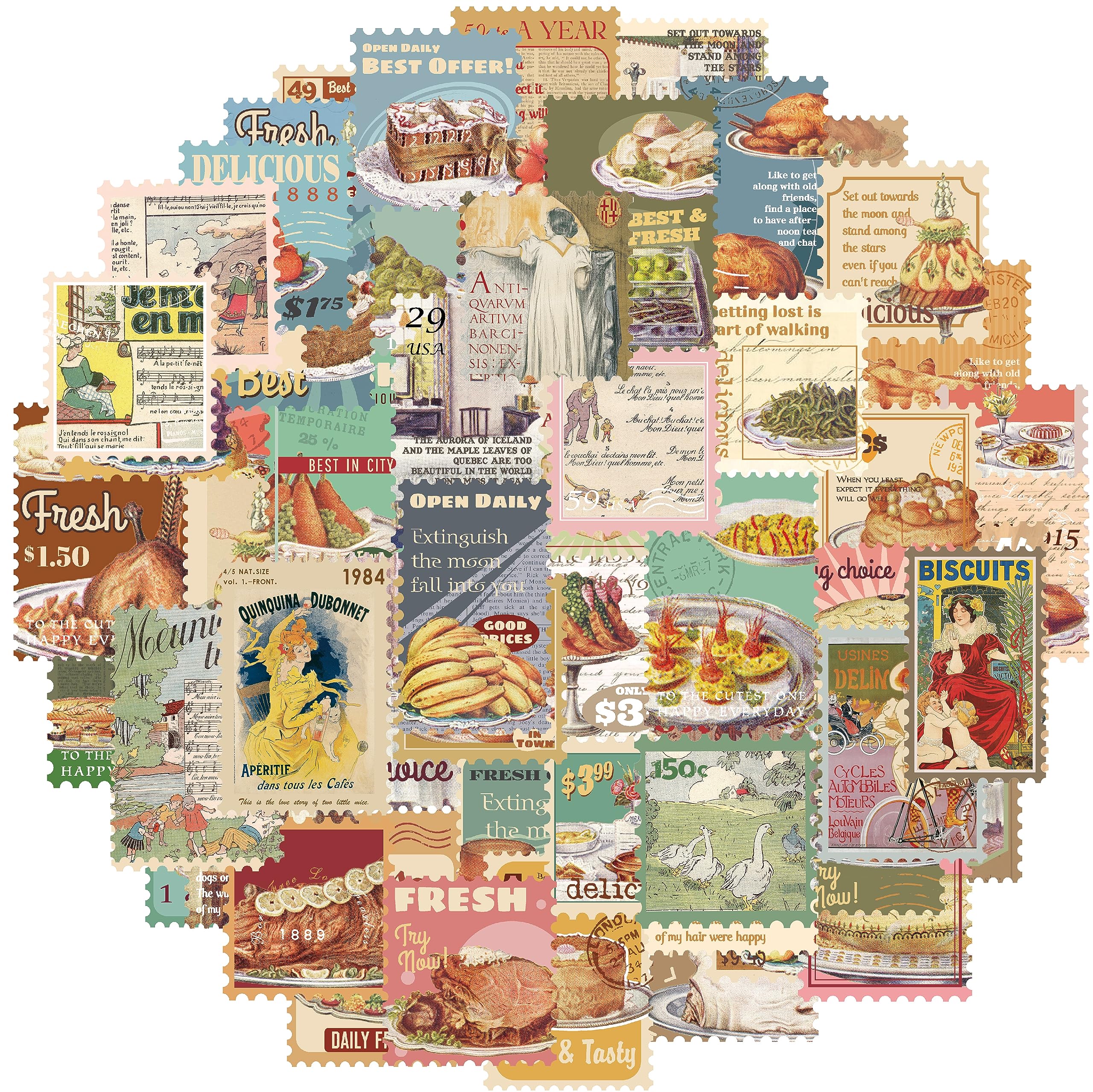Prstincol 100 Pcs Scrapbooking Stickers,Food Stickers for Scrapbooking,Vintage Stamp Sticker for Journaling,Retro Poster Sticker for Water Bottle Laptop Phones Bullet Journal
