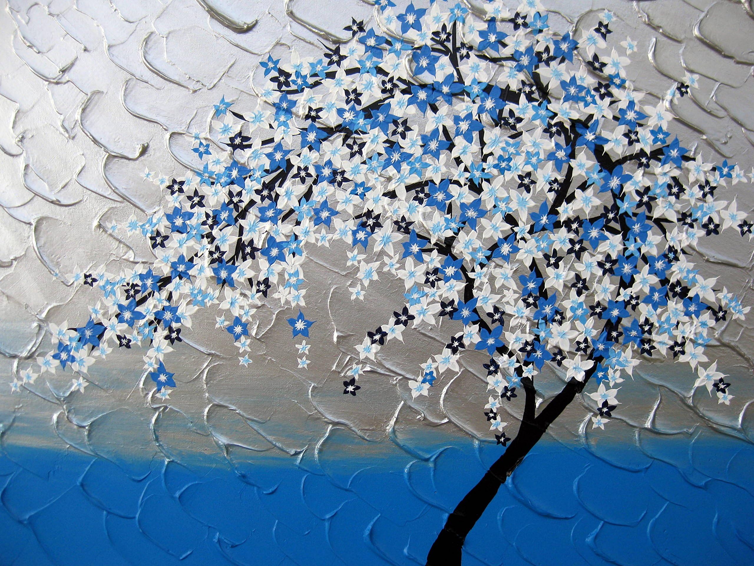 blue painting, blue art, large painting, with, cherry blossom, cherry blossoms, modern art, blue and silver, with, gray, grey, cherry blossom painting, cherry blossom paintings, bright art