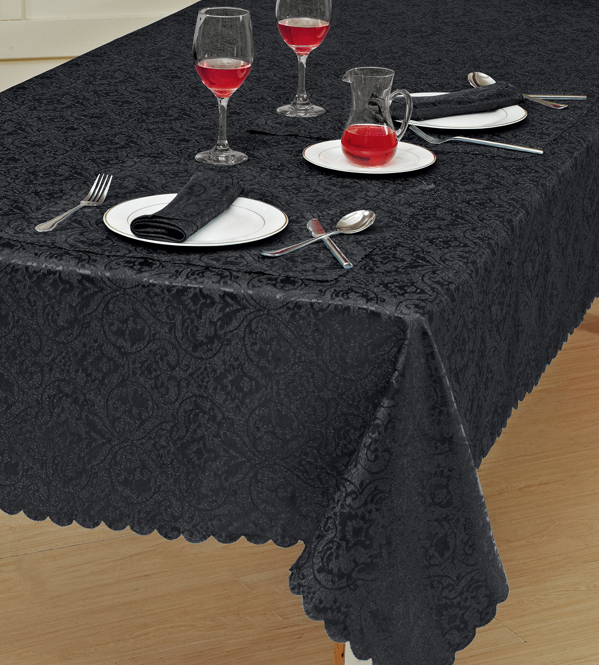 Prime Linens Home Decorative Classic Damask Printed Jacquard Tablecloth Rectangle Round Runner Napkin Table Cover Cloth Protector for Kitchen Picnic (Black, Rectangle 52" x 90")