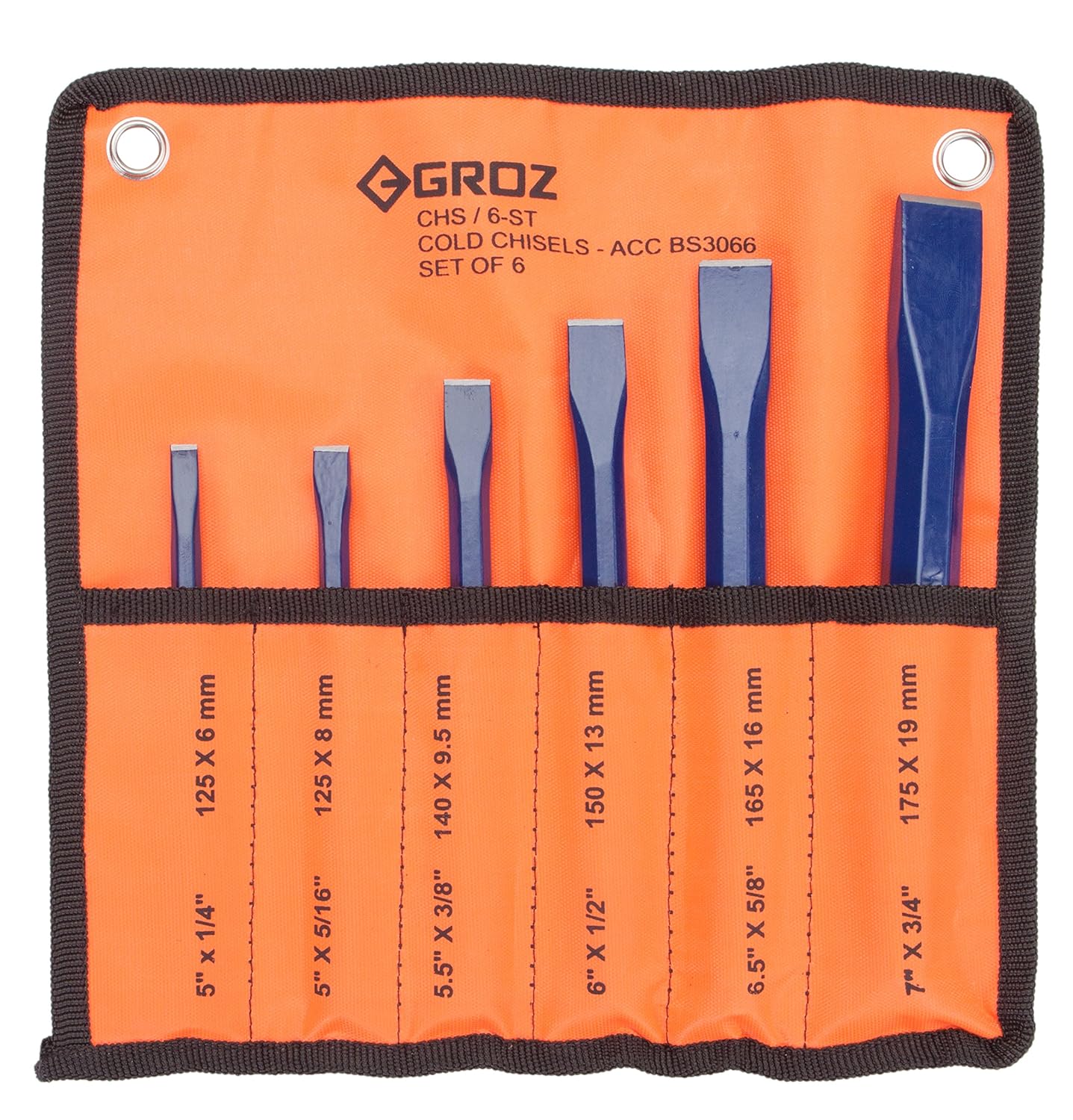 GROZ 6Piece Octagonal Shank Cold Chisel Set 5258 HRC Vinyl Pouch