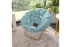 EMMA + OLIVER Ersa Folding Saucer Chair - Dusty Aqua Faux Fur Cushion - 38" Oversized Design - Metal Frame in Soft Gold - No Assembly - Holds 300 lbs. Static Weight