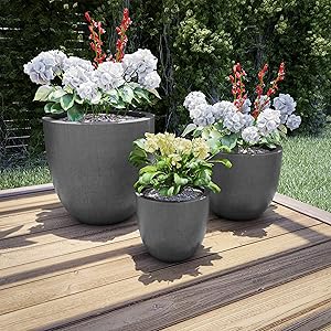 Pure Garden 50-LG1188 Fiber Clay Planters – Modern Tapered Gray Replanting Pots with Drainage Holes for Backyard, Deck or Patio (Set of 3)