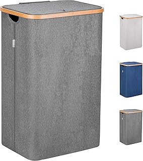 Lonbet® - Wäschekorb mit Deckel Groß - XXL 100 Liter - Wäschekorb Holz Bambus - Wäschesammler Grau mit Griffen - Grey Laundry Basket - Laundry Hamper with Lid