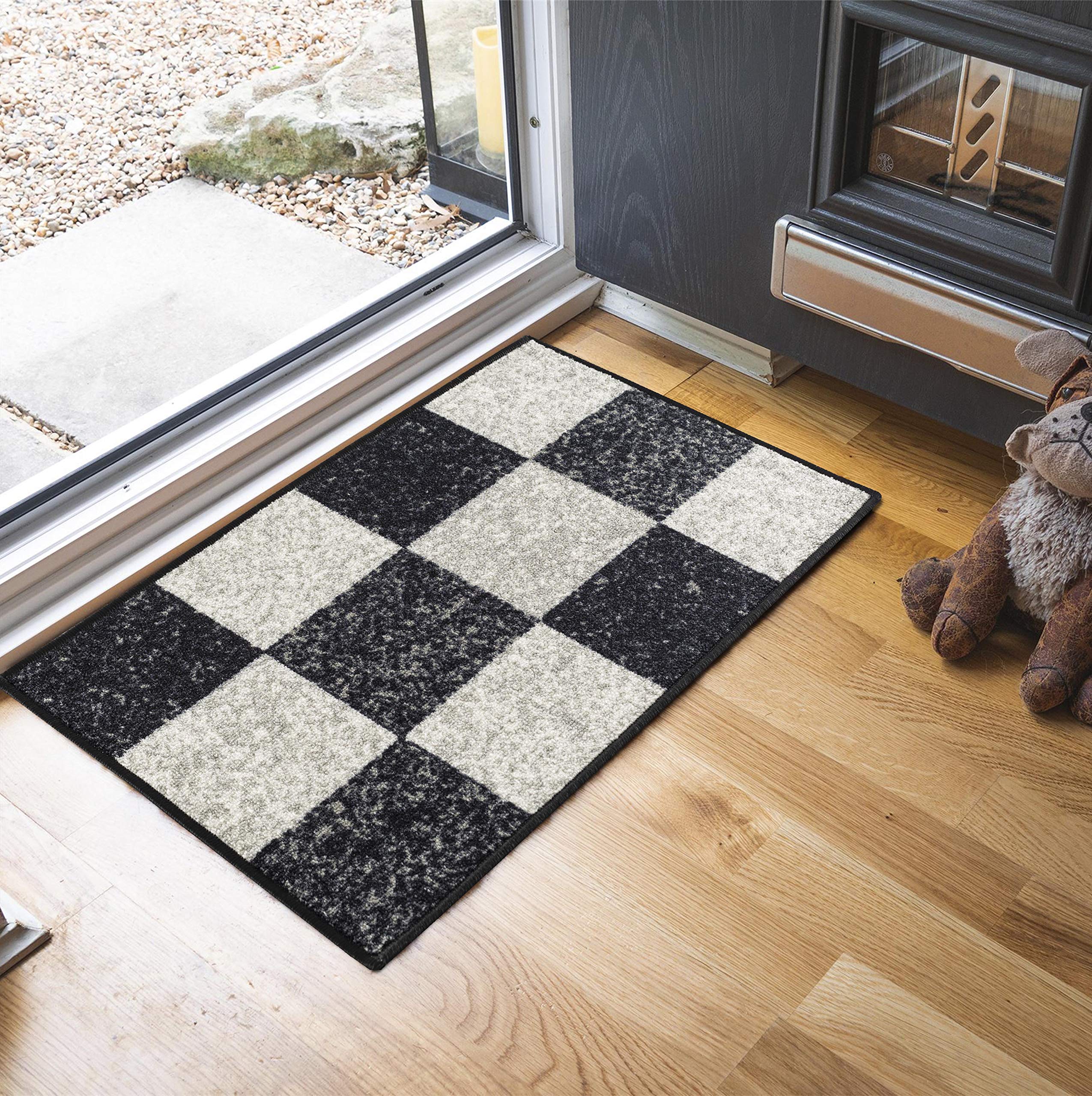 Washable Door Mat Kitchen Mats Non Slip Geometrical Design Hall Runner- Indoor Door Mat - Hallway-Passage Corridor Doormats - Floor Mat Black-square 50x80 cm