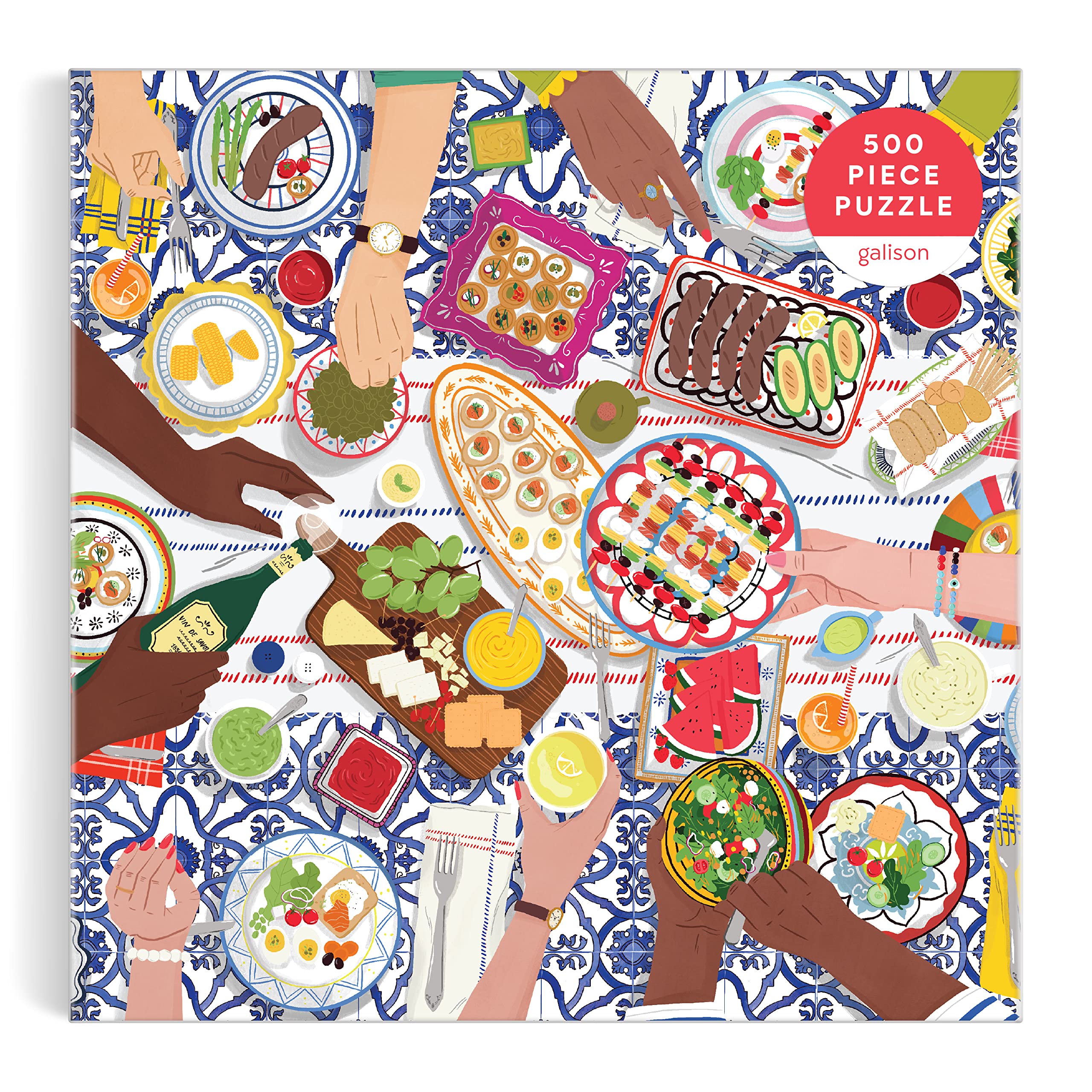 Galison Gather Together – 500 Piece Puzzle Fun and Challenging Activity with Bright and Bold Artwork of Mediterranean Vignette of Friends and Family for Adults and Families