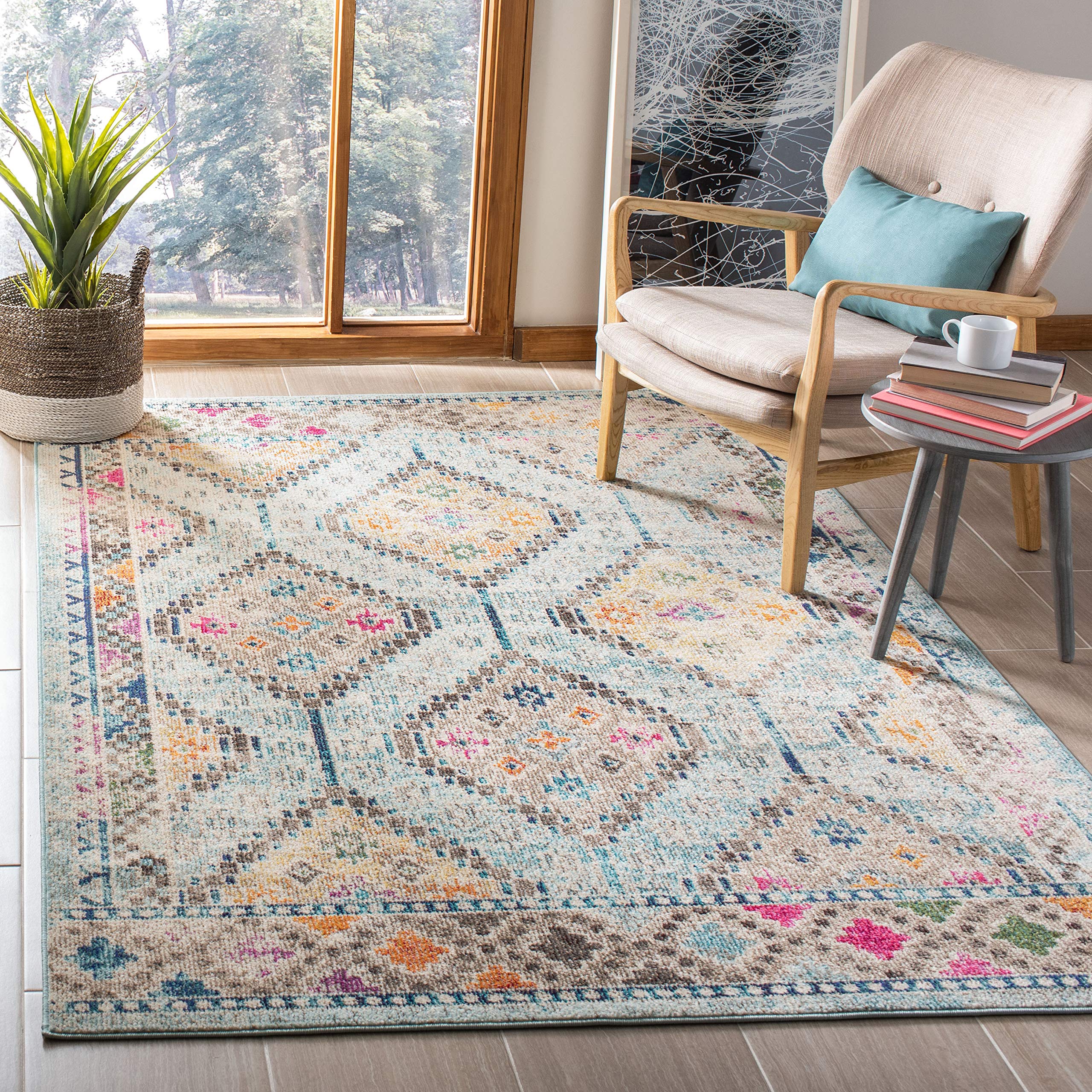 SAFAVIEH Madison Collection Area Rug - 5'3" x 7'6", Blue & Yellow, Boho Diamond Distressed Design, Non-Shedding & Easy Care, Ideal for High Traffic Areas in Living Room, Bedroom (MAD418K) Image