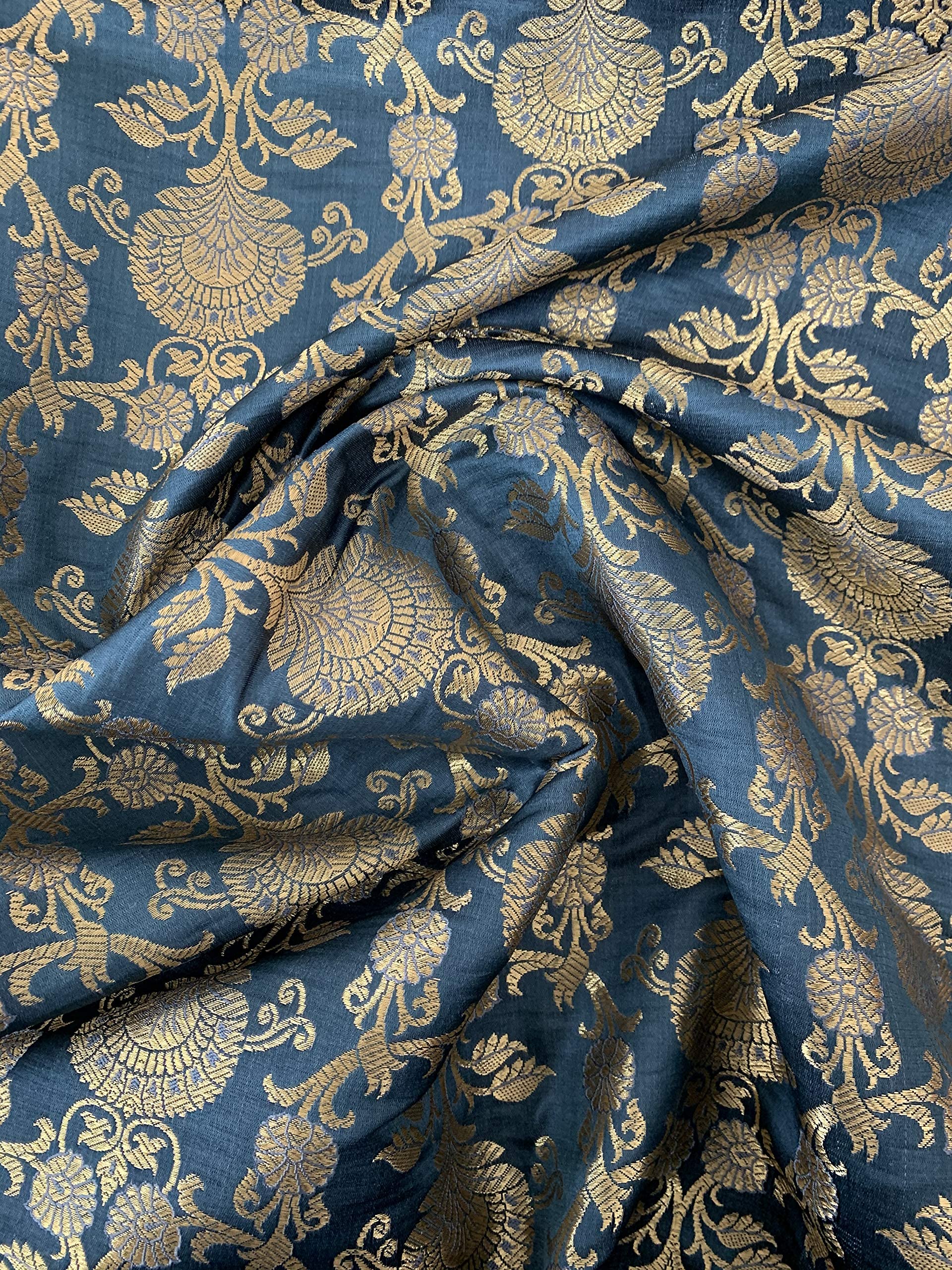 2 Meter Ornamental (Marl Grey) Floral Gold Metallic Print Indian Banarsi Brocade Fabric Premium Quality Fabric (Pre Cut 2 Meter)