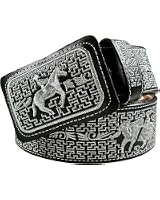 NELIDAS Southern Imports Men's Vaquero Leather Belt - Charro Embroidered, Silver Thread