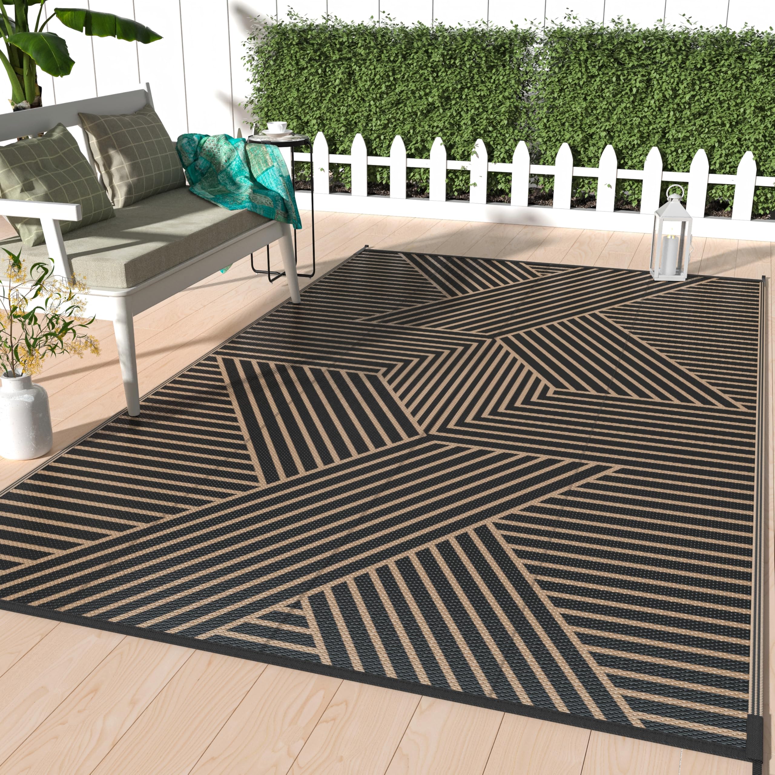 Photo 1 of GENIMO 5x8 Outdoor Rug Waterproof, Reversible Mats, Area Rug, Plastic Outside Carpet, Geometric Rv Mat for Patio Camping Rv Picnic Backyard Deck Balcony Porch Beach Trailer (Black & Brown)