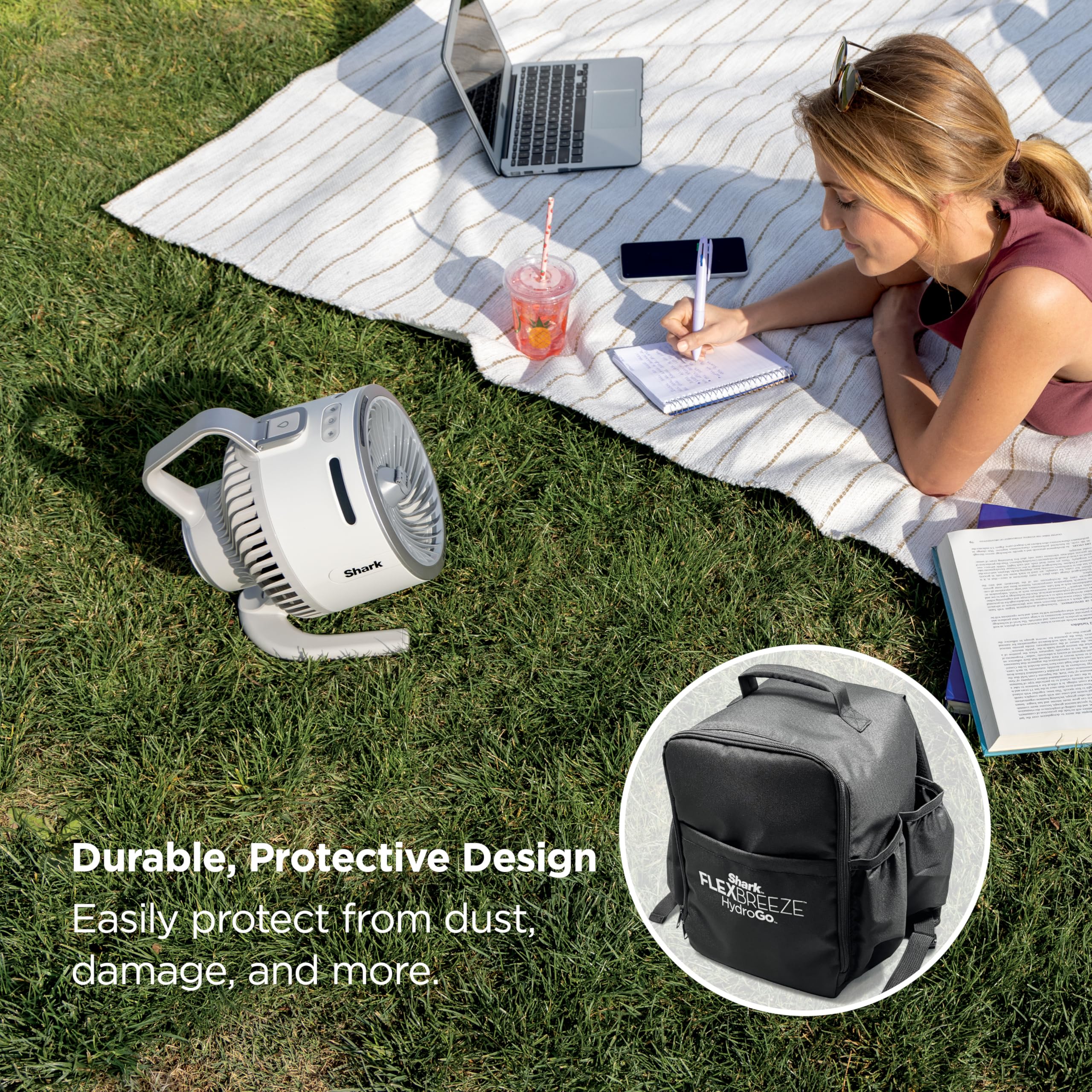 Shark FlexBreeze HydroGo Fan & Travel Bag — Ultra-powerful portable fan with indoor + outdoor evaporative mist. Corded & cordless, White, FA053BRN