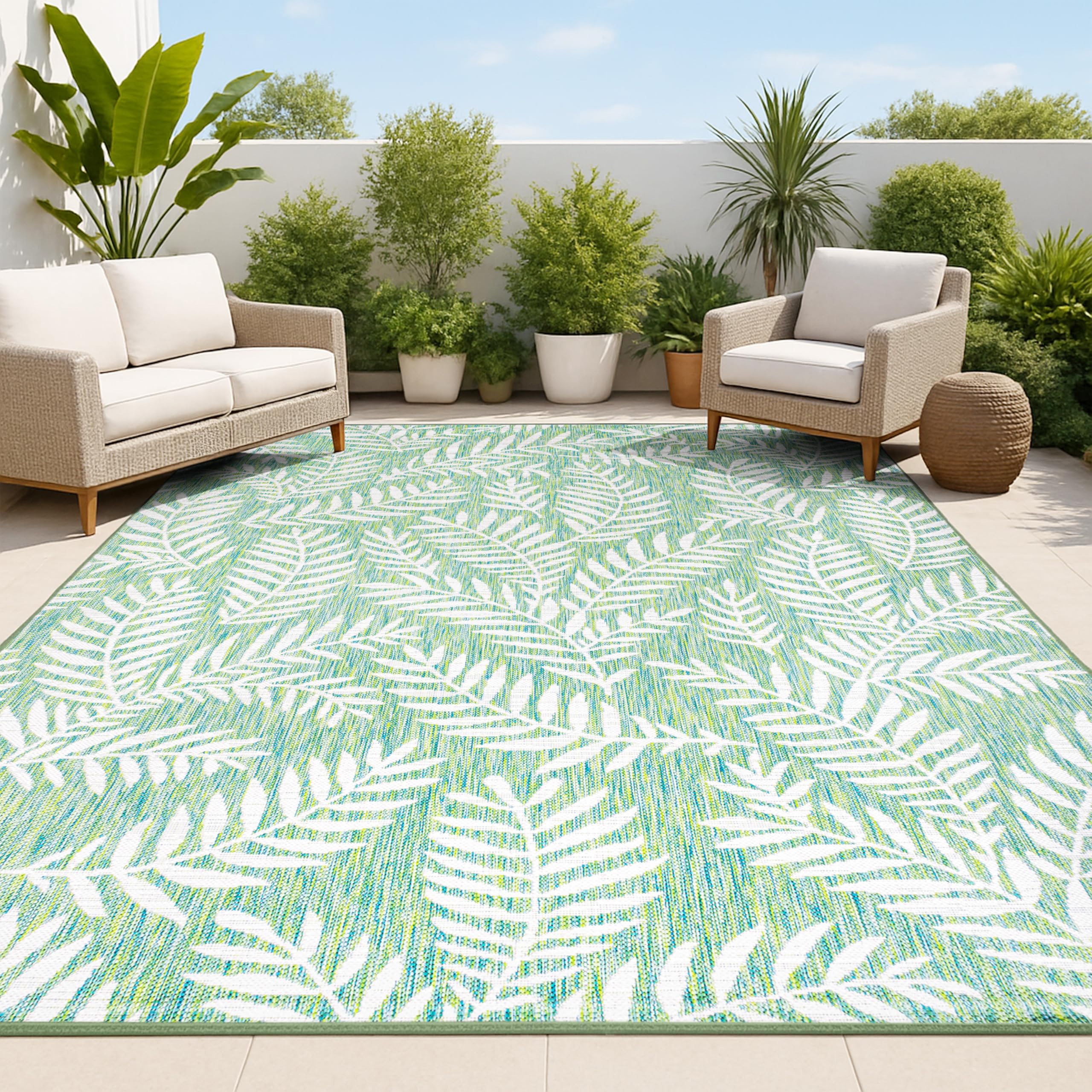 JONATHAN Y Palm Frond Indoor Outdoor Area Rug 8X10 Cream/Green, Nevis for Backyard, Patio, Porch, Easy-Cleaning, High Traffic, Pet-Friendly, Non-Shedding (SMB119G-8) Image