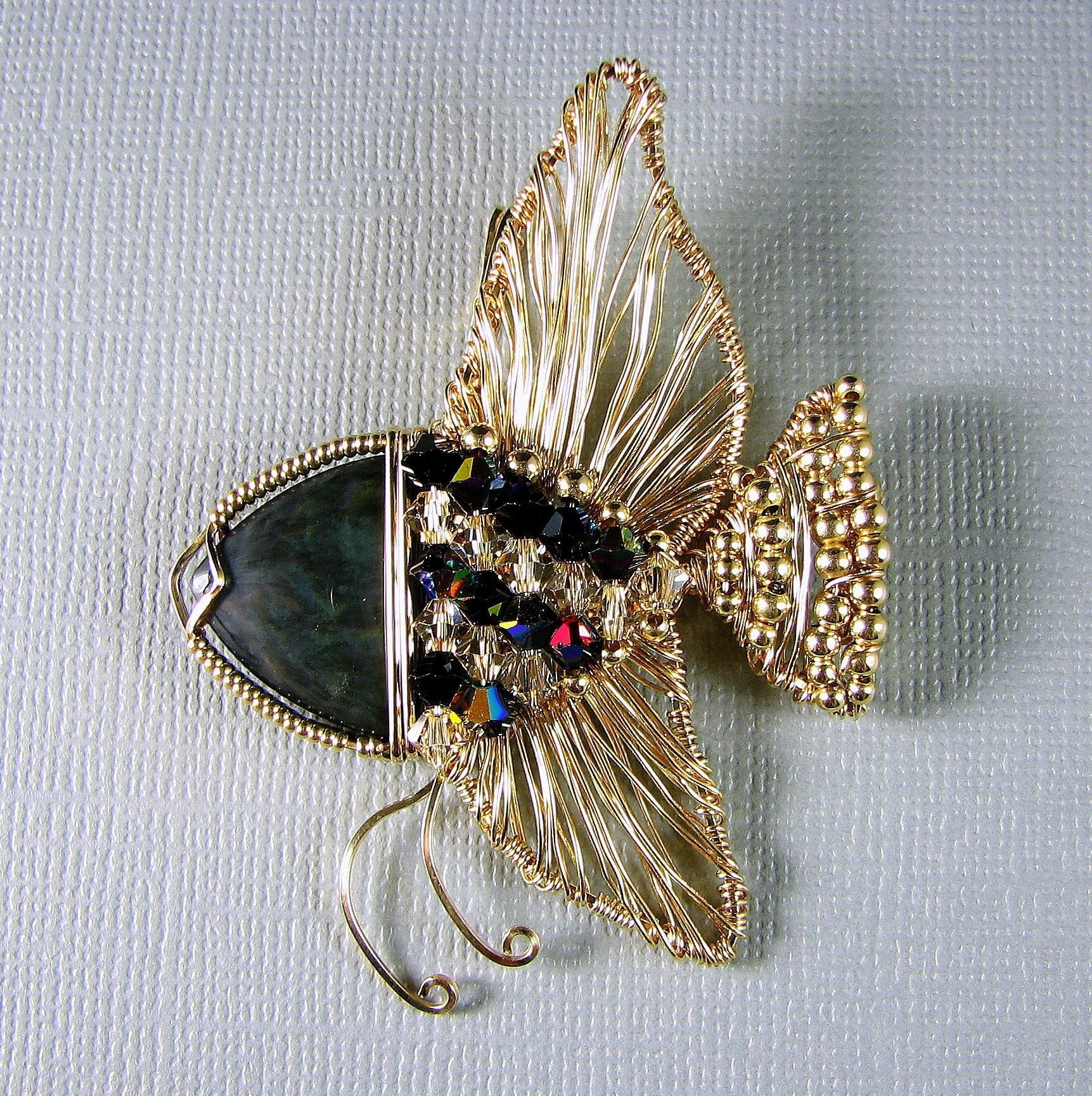 14k Gold Filled Angelfish Pendant with Swarovski Elements and Rainbow Obsidian