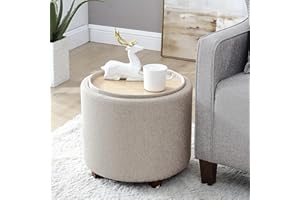 Ornavo Home Lawrence Round Storage Ottoman with Lift Off Lid and Tray Lid Coffee Table, Ottoman with Storage for Living Room, Bedroom and Office, Linen Beige