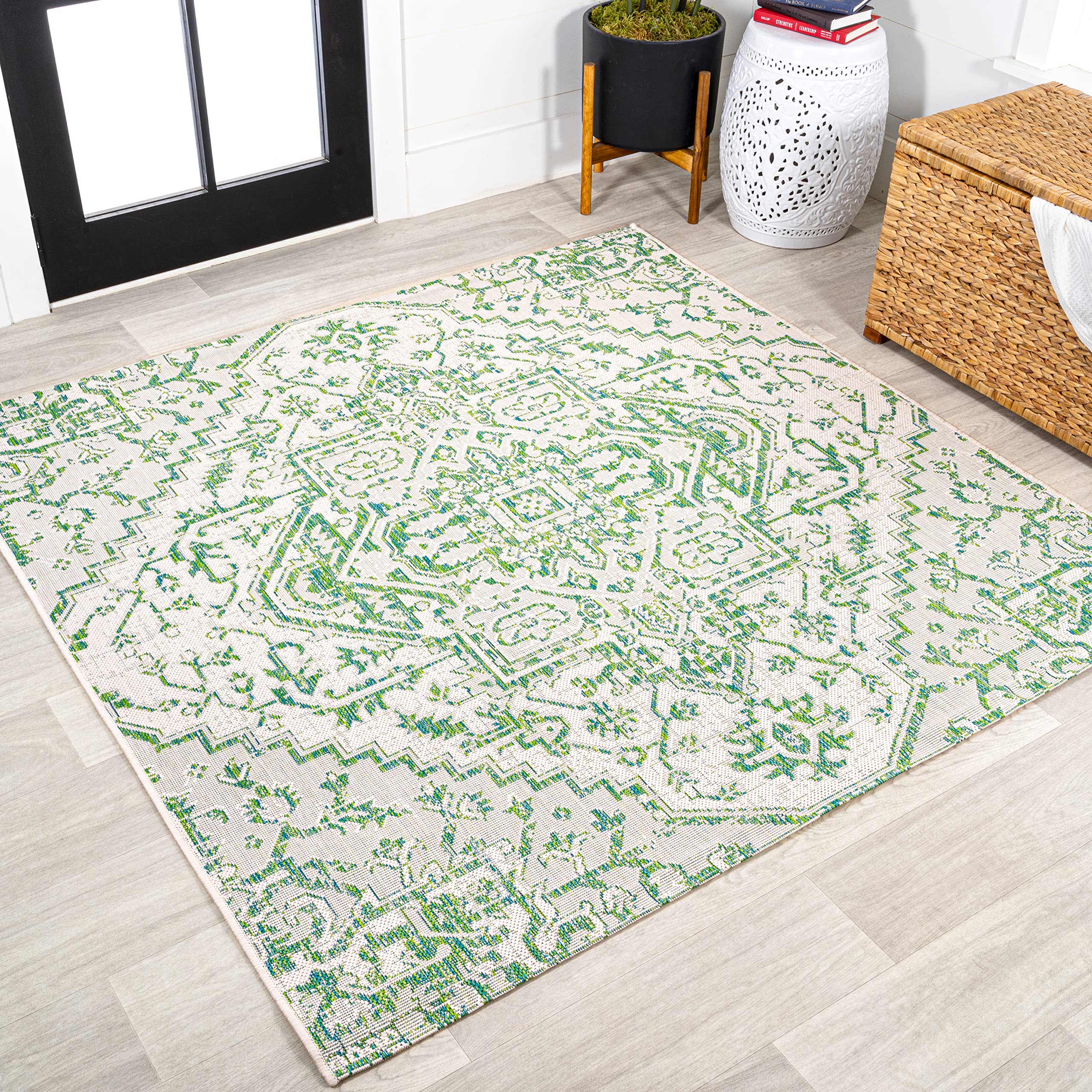 JONATHAN Y Boho Medallion Indoor Outdoor Square Area Rug 5X5 Green/Cream, Estrella Textured Weave for Backyard, Patio, Porch, Easy-Cleaning, High Traffic, Pet-Friendly, Non-Shedding (SMB105G-5SQ) Image