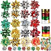 JOYIN 50 PCS Christmas Bows and Gift Ribbons with 48 Multi-Colored Assorted Size Self Adhesive Gift Bows and 2 Rolls of Curling Ribbons for Gift, Present Wrapping Decoration