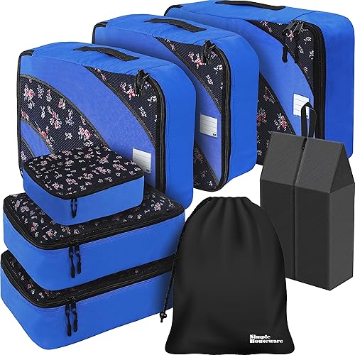 Simple Houseware 8-Set Packing Cubes for Travel, Luggage Organizer with Laundry Bag, Shoe Bag & Clear Pocket Label, Blue