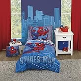 Disney Marvel Spiderman Wall Crawler Red, White, and Blue Spider Webs 4 Piece Toddler Bed Set - Comforter, Fitted Bottom Sheet, Flat Top Sheet, and Reversible Pillowcase