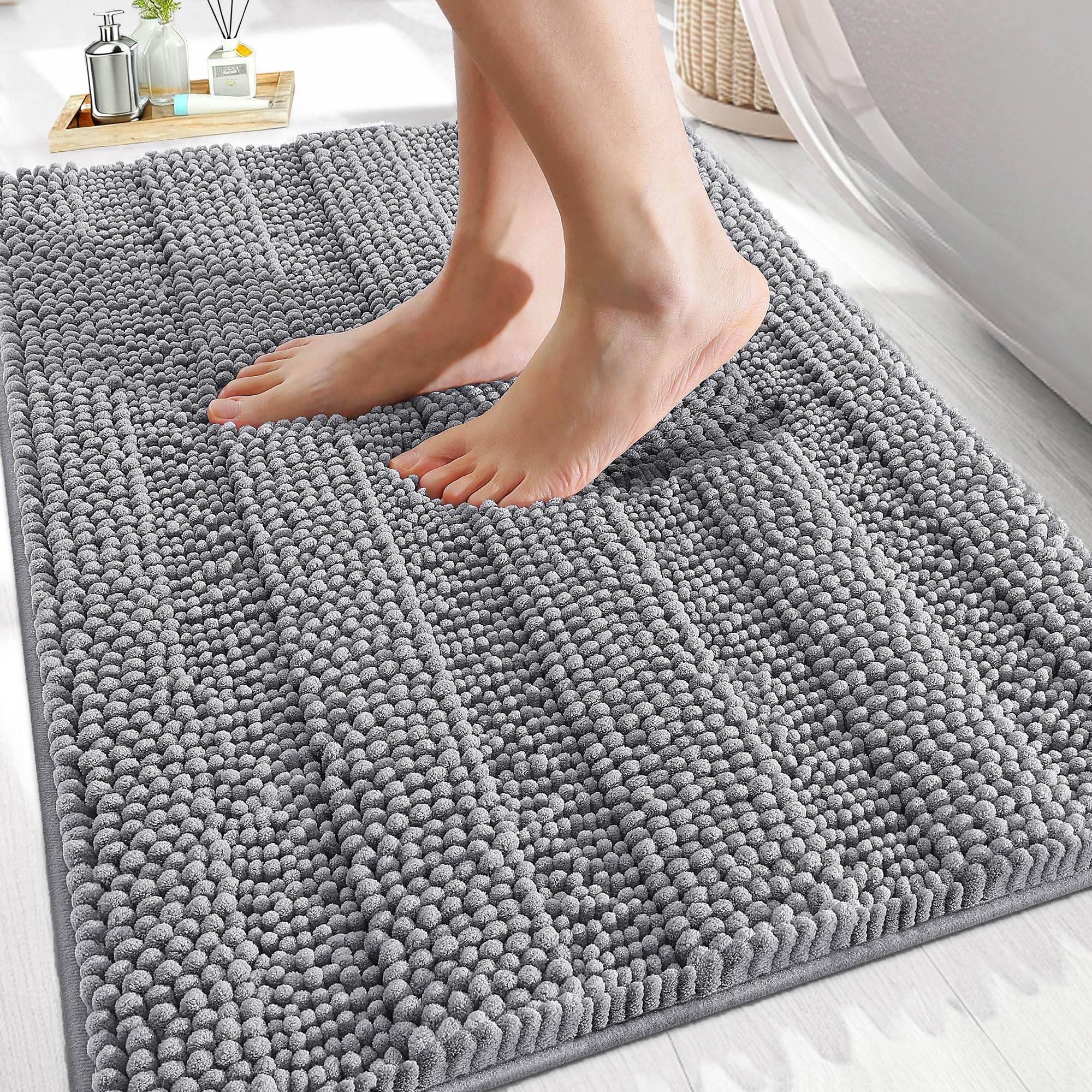 Photo 1 of OLANLY Thick Bathroom Rugs 30x20, Extra Soft Absorbent Chenille Striped Bath Rugs, Rubber Backing, Machine Wash Dry, Bath Mats for Bathroom Floor, Tub and Shower, Home Decor Accessories, Grey