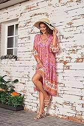 HECCPLI Women's Bohemian V Neck Floral Print A-line