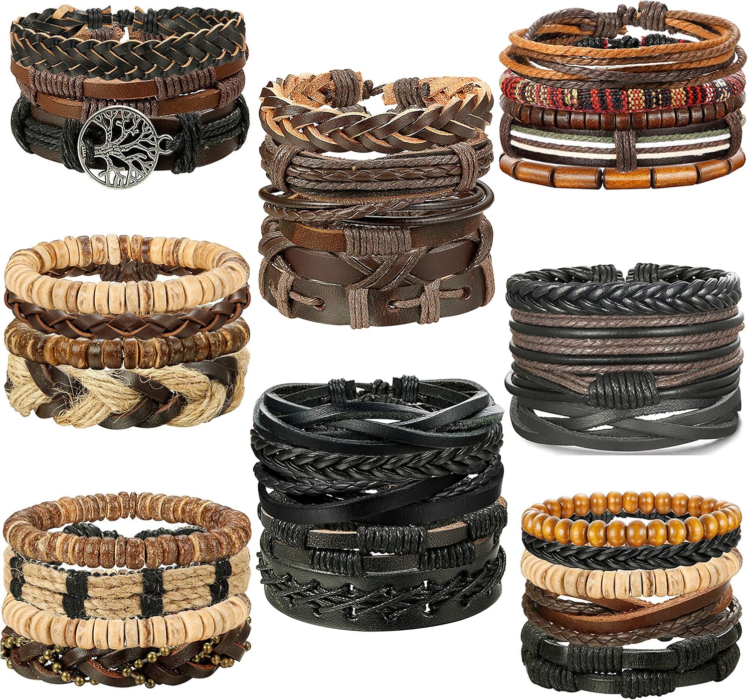 LOLIAS 32 Pcs Woven Leather Bracelet for Men Women Cool Leather Wrist Cuff Bracelets Adjustable: Clothing