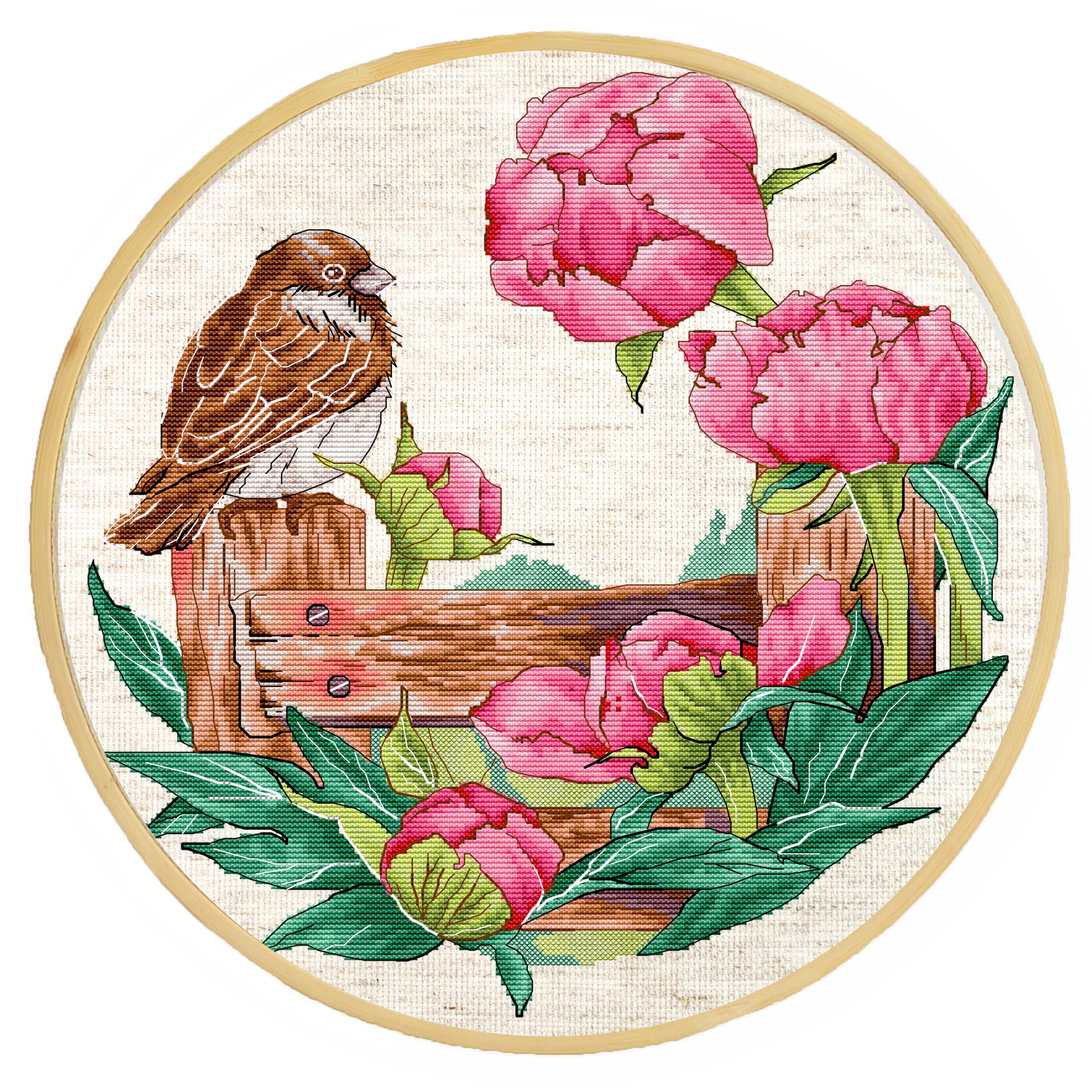 HobbyJobby Cross Stitch Kit The Fence with Peonies,Counted Cross Stitch Kit for Adults, Needlecraft Kit