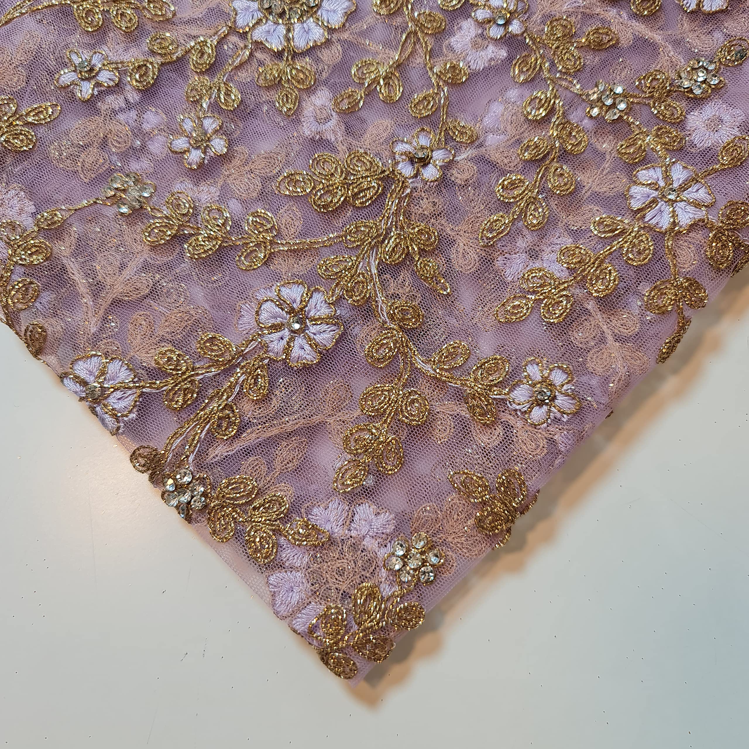 Novelty Floral Hand Embroidered Mesh Net Fabric 44" Pre Cut 1 Meter (Lilac)