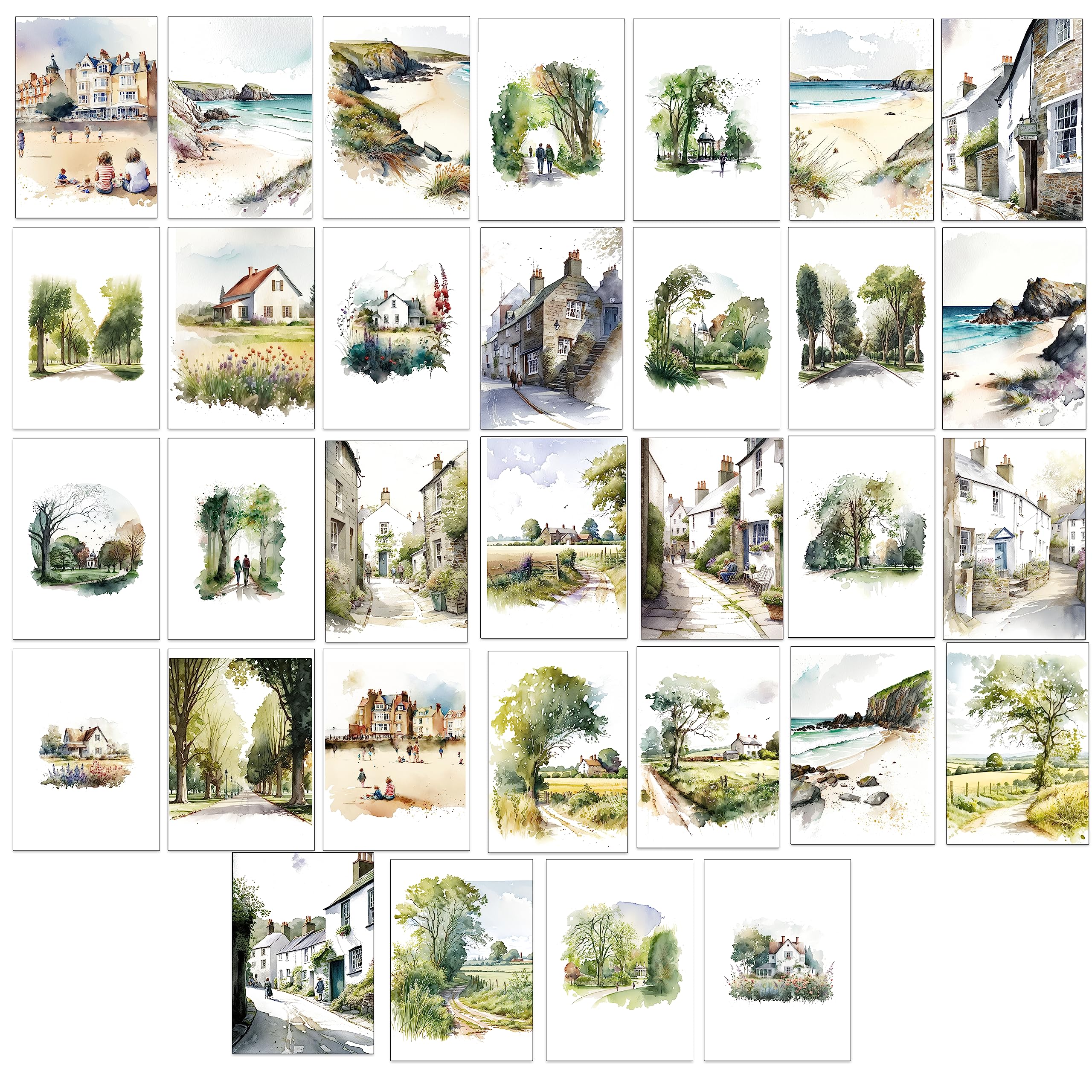 32 x British themed Watercolour Landscape Blank Greeting Cards (British Countryside, Beaches and Parks)