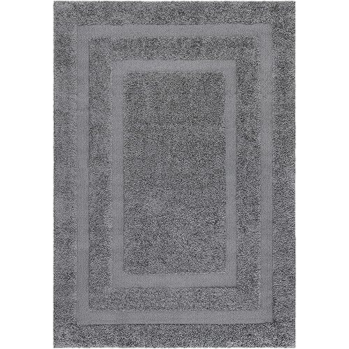 SAFAVIEH Florida Shag Collection SG454 Border Non-Shedding Living Room Bedroom Dining Room Entryway Plush 1.2-inch Thick Area Rug, 5'3" x 7'6", Grey / Grey