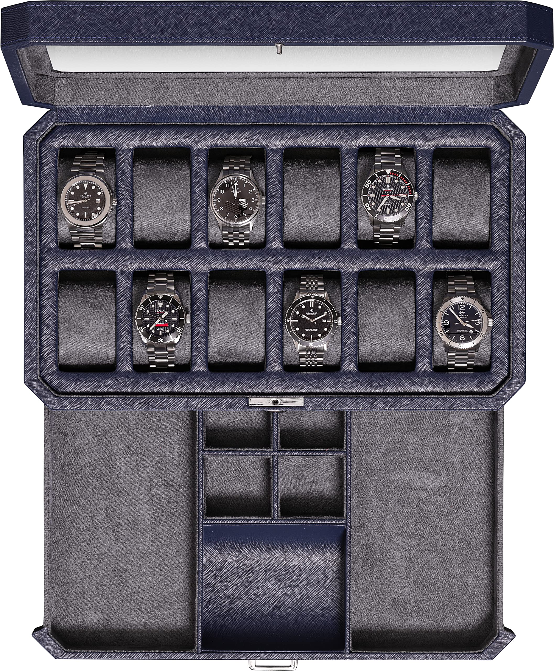 Photo 1 of ROTHWELL 12 Slot Leather Watch Box with Valet Drawer - 12 Slot Luxury Watch Case Display Organizer, Microsuede Liner, Mens Accessories Holder, Jewelry Case, Jewelry Display Organizer (Dark Blue/Grey)