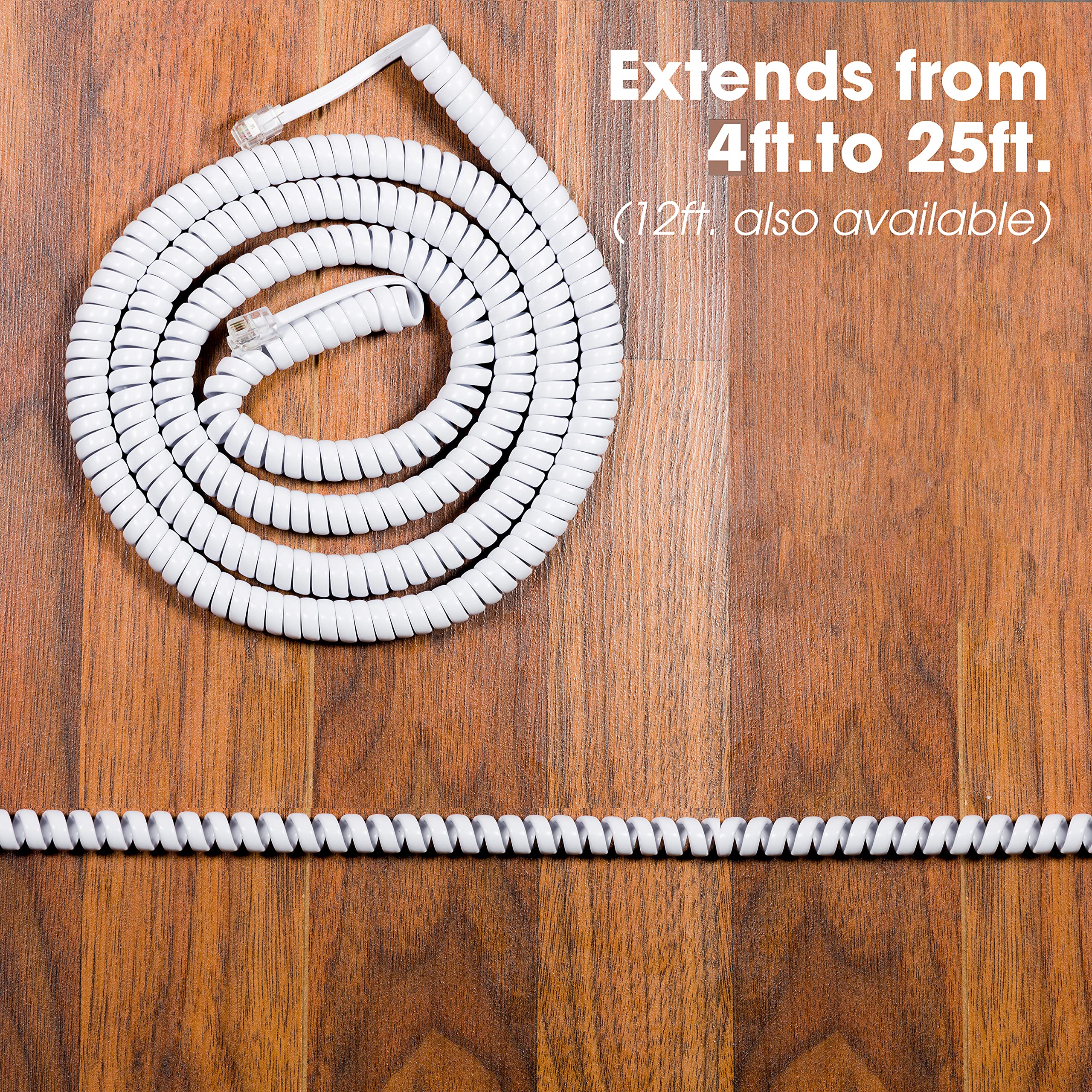 Power Gear Coiled Telephone Cord, 2 Pack, 4 Feet Coiled, 25 Feet Uncoiled, Phone Cord works with All Corded Landline Phones, For Use in Home or Office, White, 46081