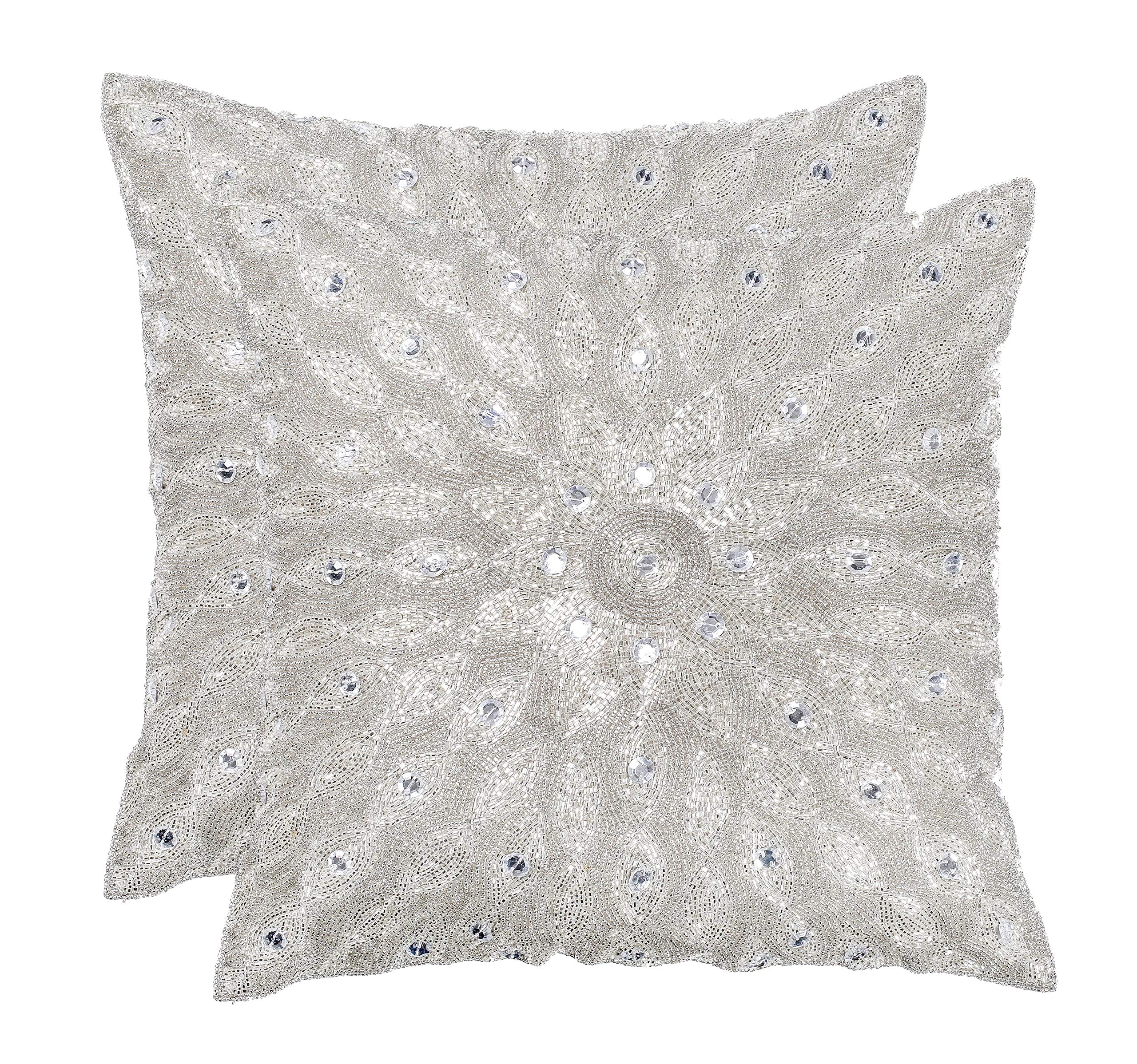 Hand Beaded Decorative Pillow Cover, Handwoven Pillow, Handmade by Skilled Artisans, A Beautiful Elegant Accessory to Dress Your Couch, Sofa, Bed - Only Cover -16x16 Inch (40x40 Cms)- Silver - 2 Pack