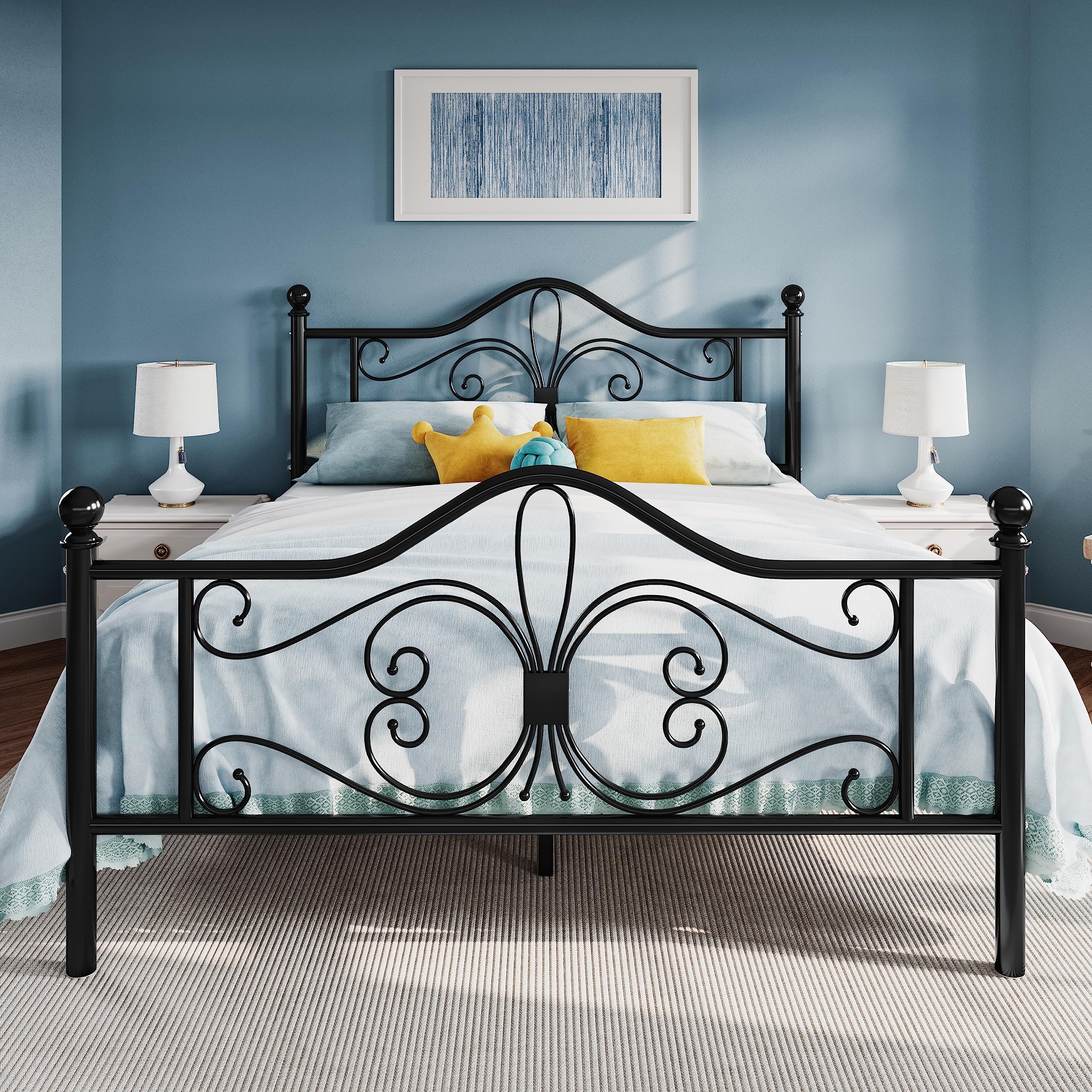 SHA CERLIN Queen Size Bed Frame and Headboard,Metal Bed Frame with Butterfly Pattern Design Headboard & Footboard,No Box Spring Needed,Easy Assembly,Black Image