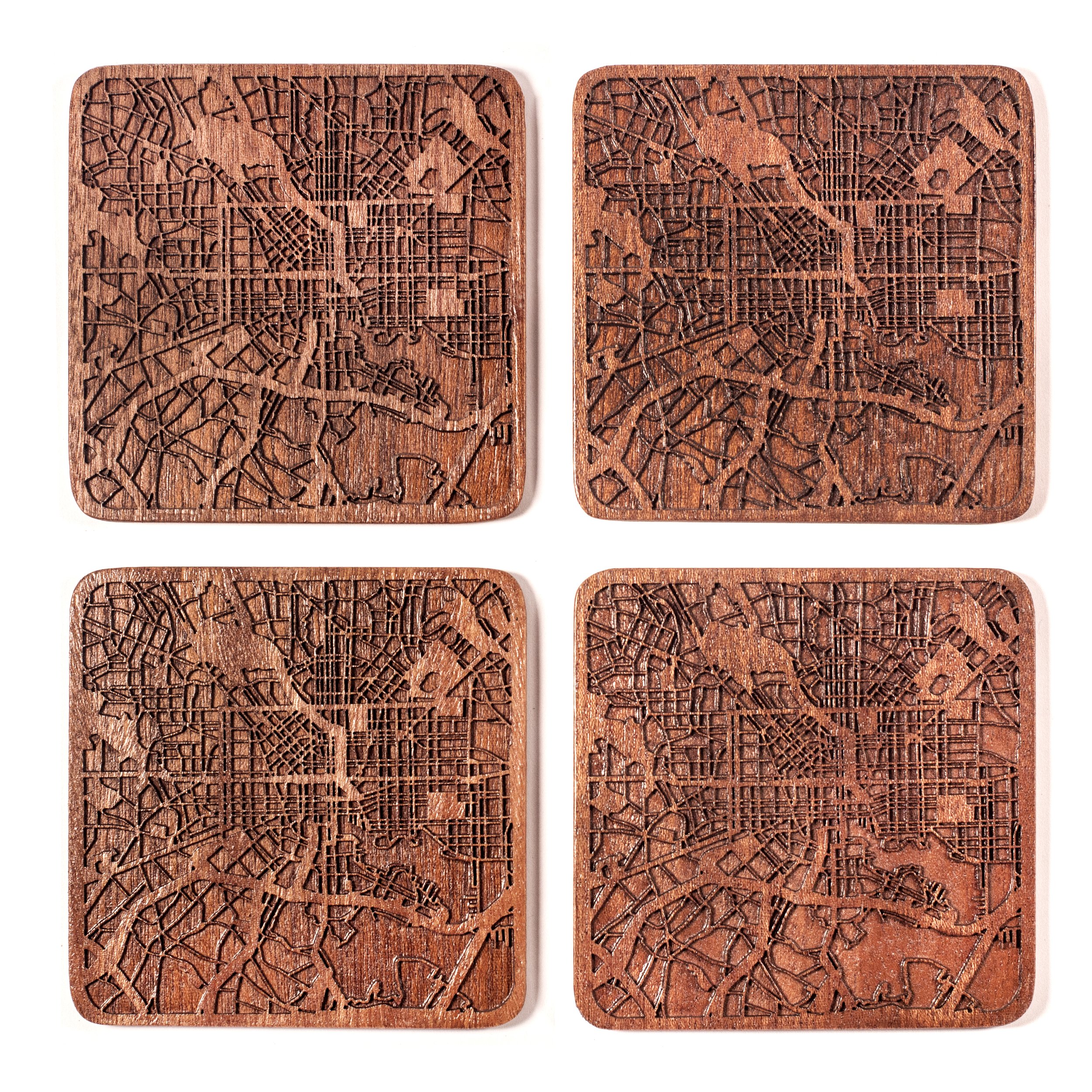 Baltimore Map Coaster, Set of 4, Sapele Wooden Coaster with City Map, Handmade