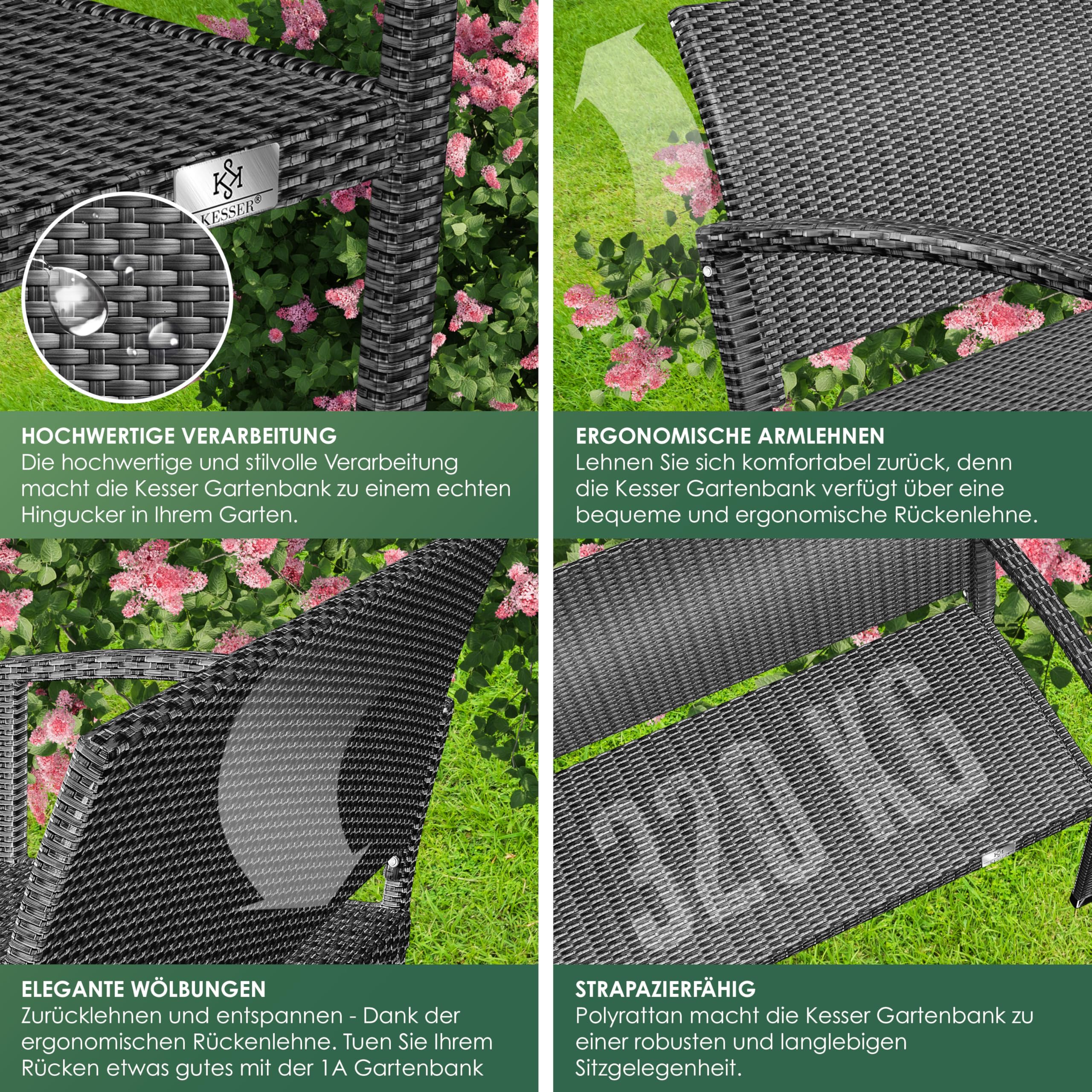 KESSER® Gartenbank Polyrattan 2-Sitzer Wetterfest | Rattan Sitzbank UV-Beständig bis 320kg belastbar | Balkon Bank 125x62x90cm Garten-Möbel mit Cover & ergonomischen Armlehnen für 2 Personen Anthrazit 4