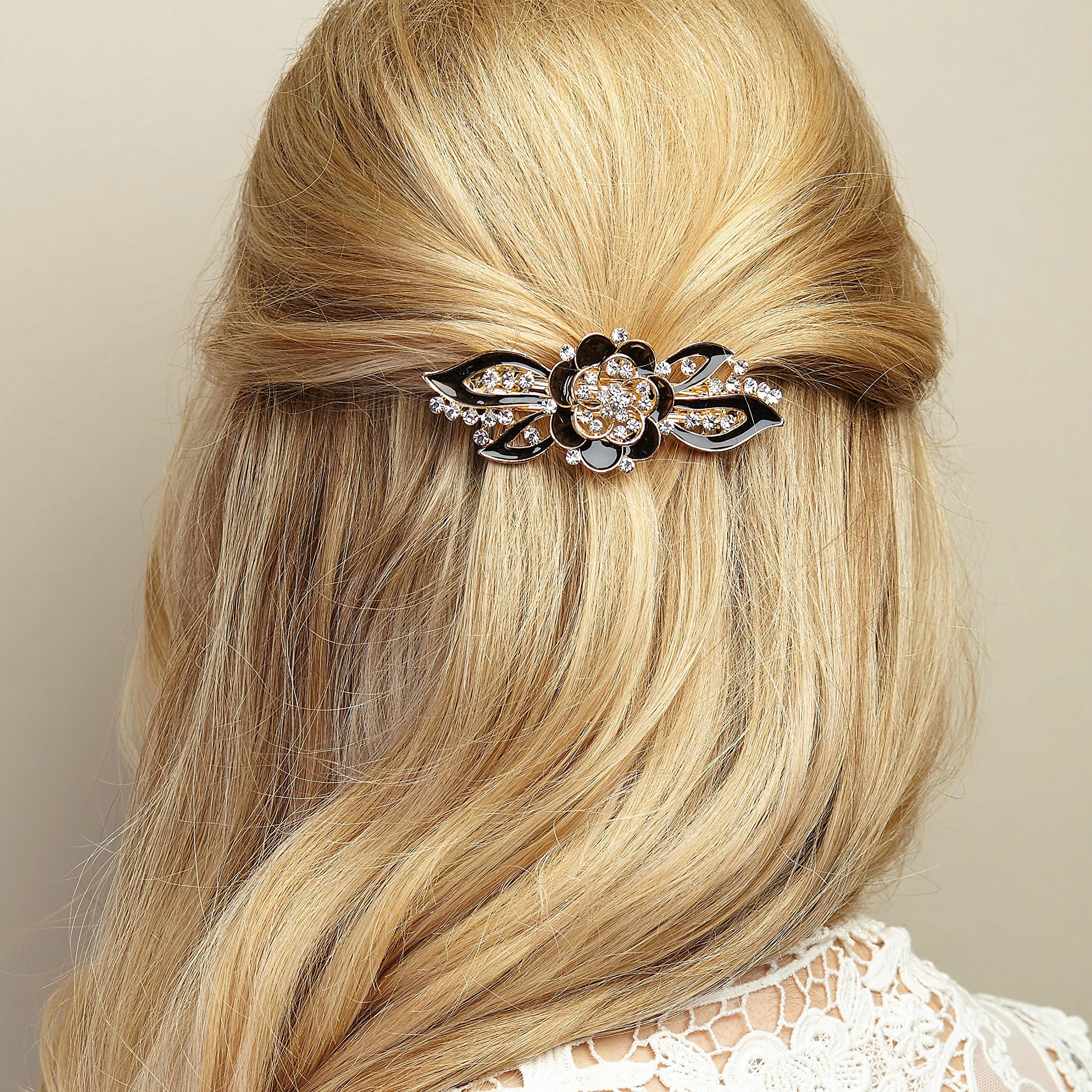 Flower Hair Clip Vintage Style with Crystals Gold Hairclip Enamel Diamante Hair Grip by QueenMee (Black)