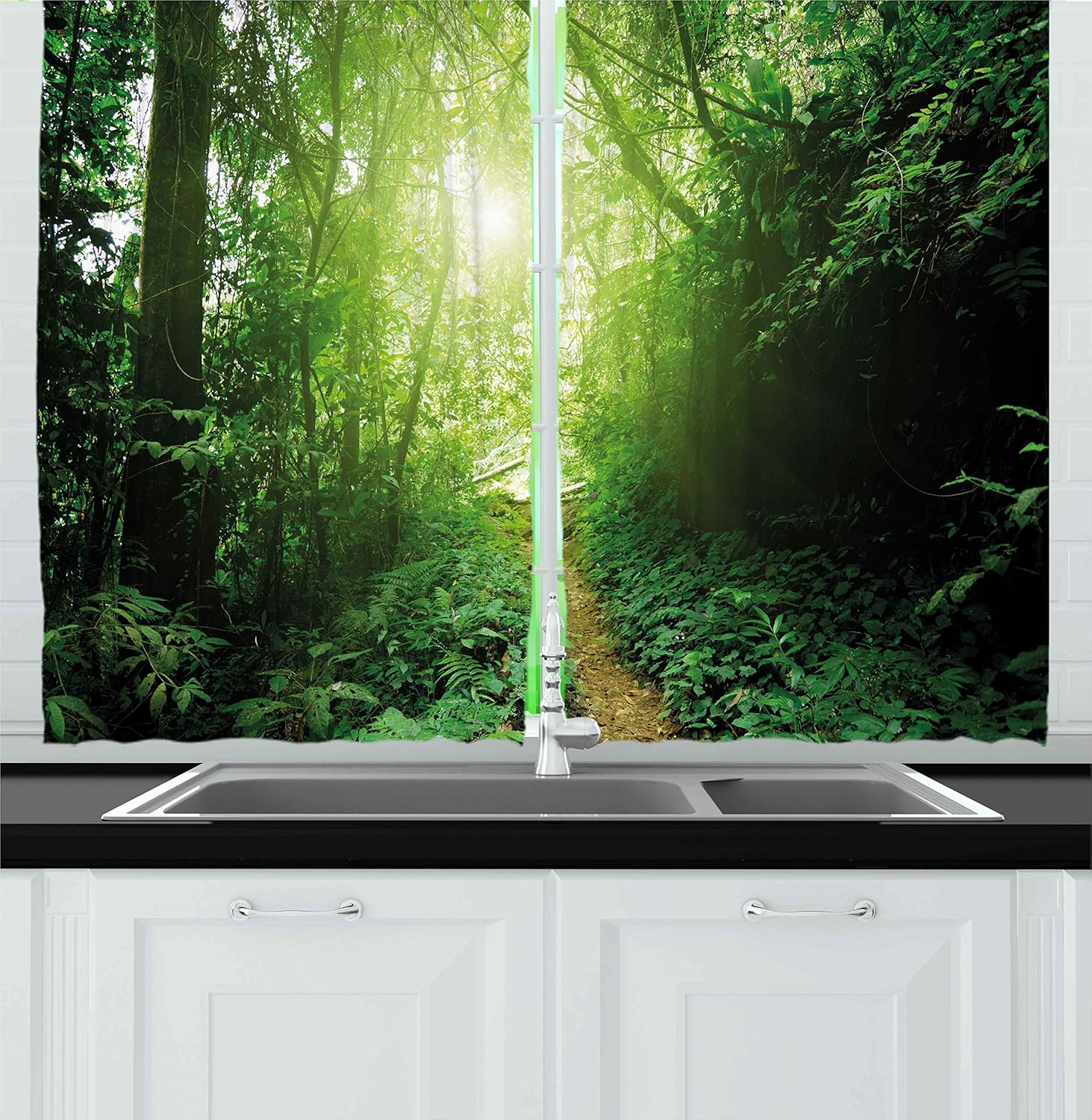 Paesaggio da cucina by Ambesonne un modo nella giungla di Malesia Rainforest Fresh Grass Trees Morning paesaggio rurale Window Drapes set 2 pannelli per